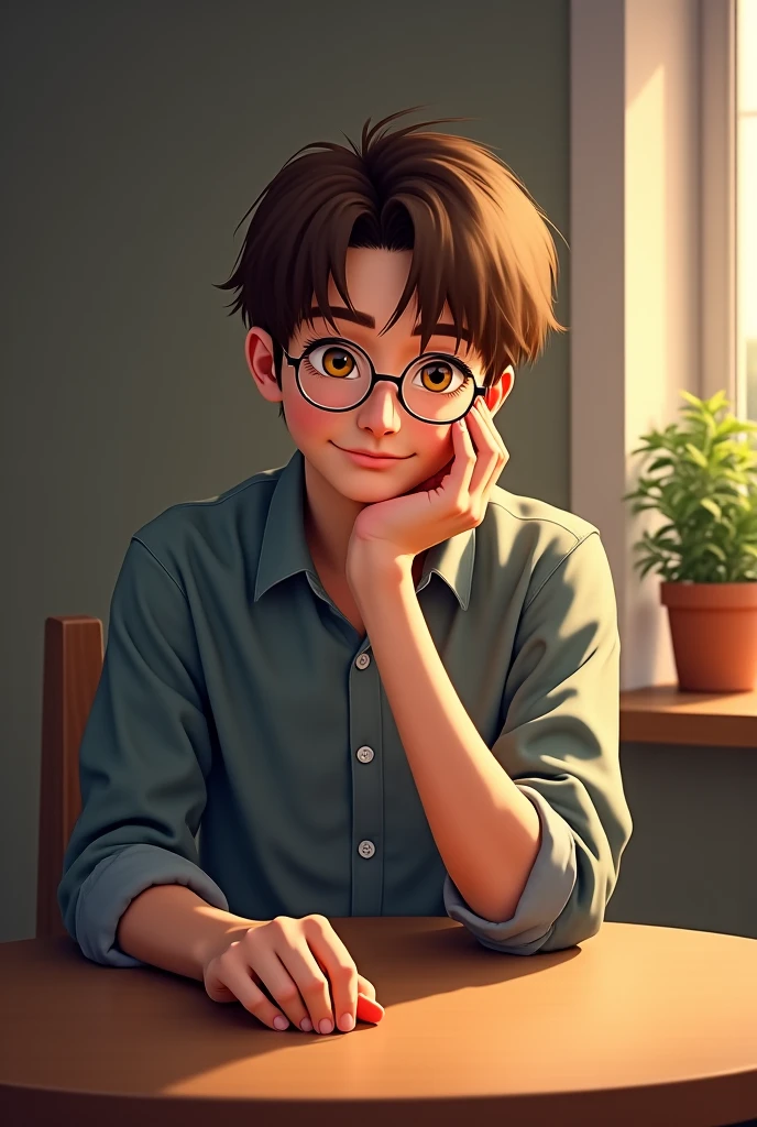 A cute ltittle boy spy, sitting in a chair, near a garden, sipping coffee, morning breeze, sun rise, good morning.