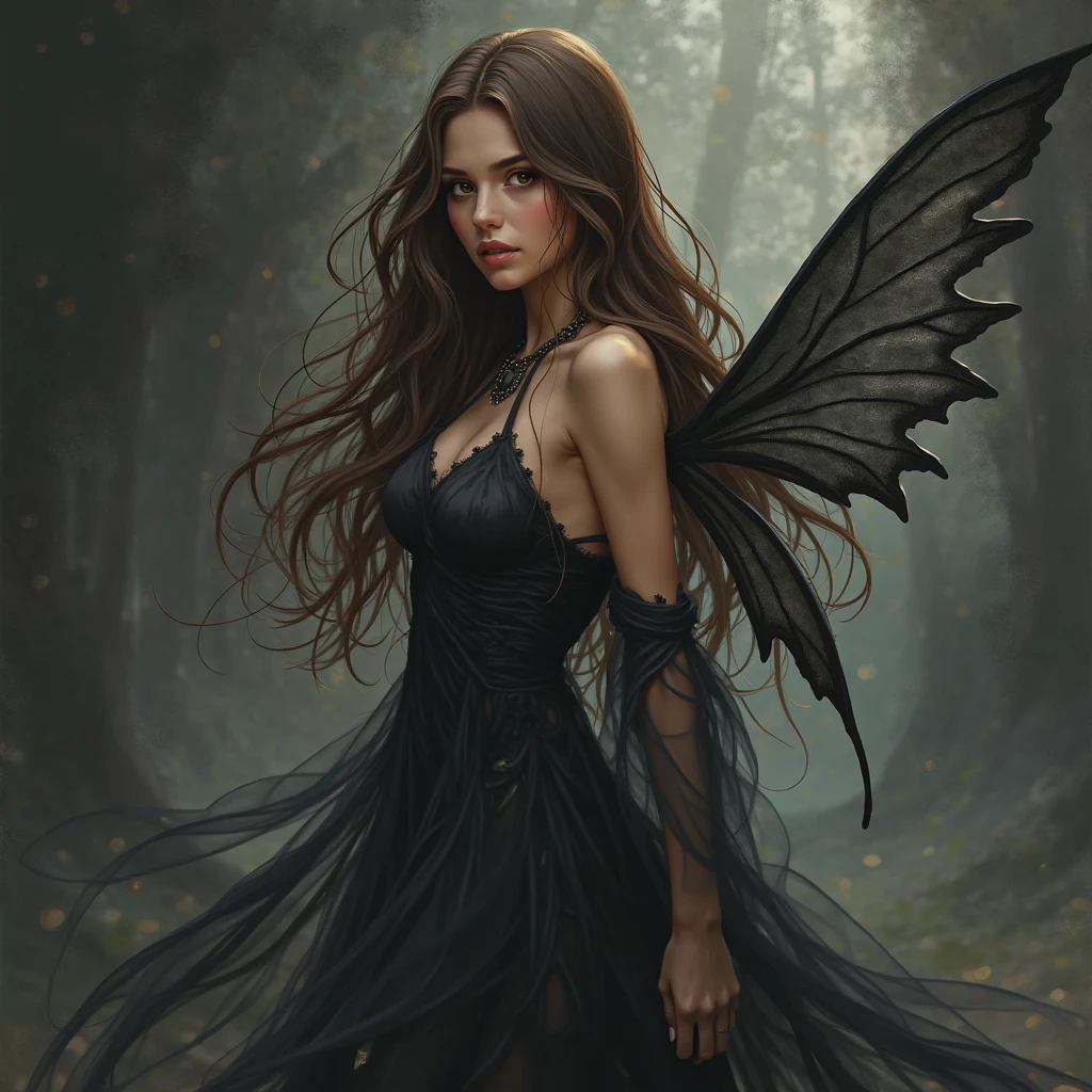 Beautiful woman in veryy long translucent black satin dress andwith angel wings