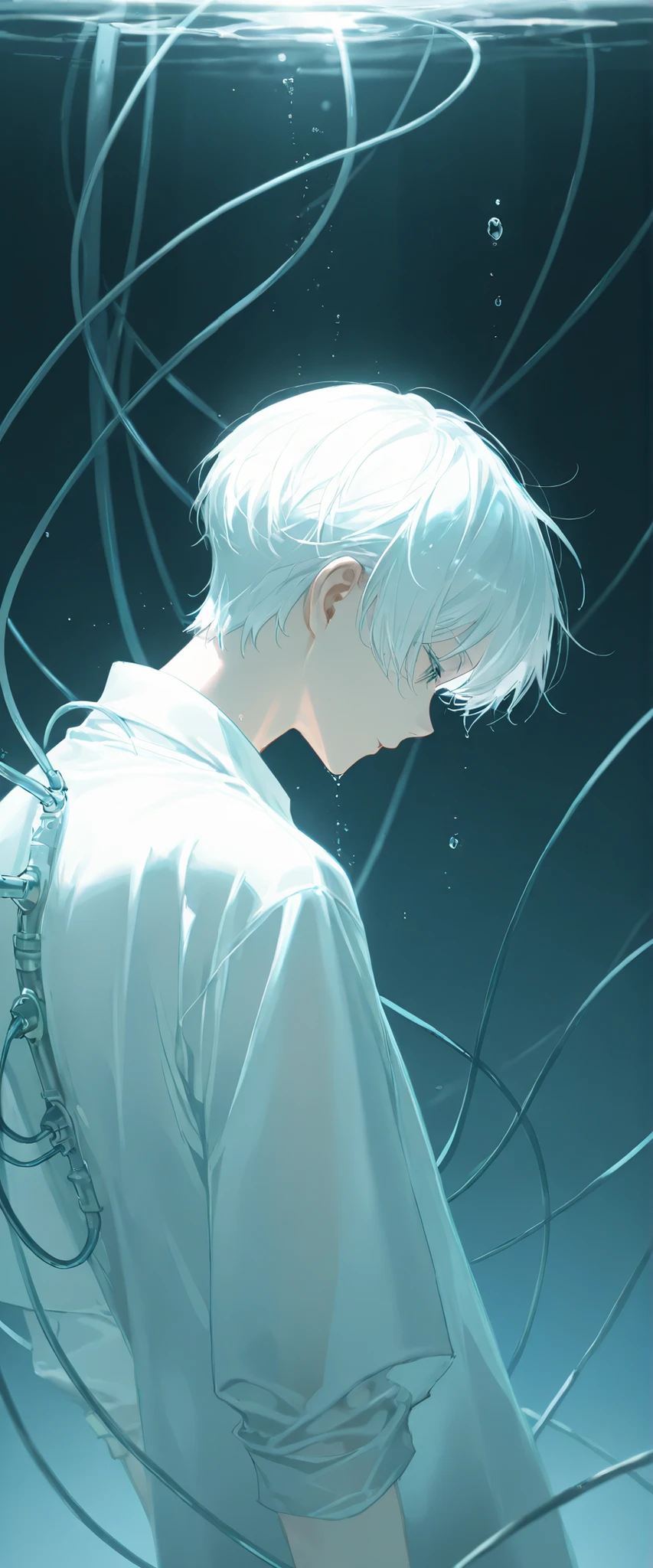 (1 boy with white hair short cut:1.4),A boy floats in a large transparent water tank、There are lots of cables connected to his back、white shirt