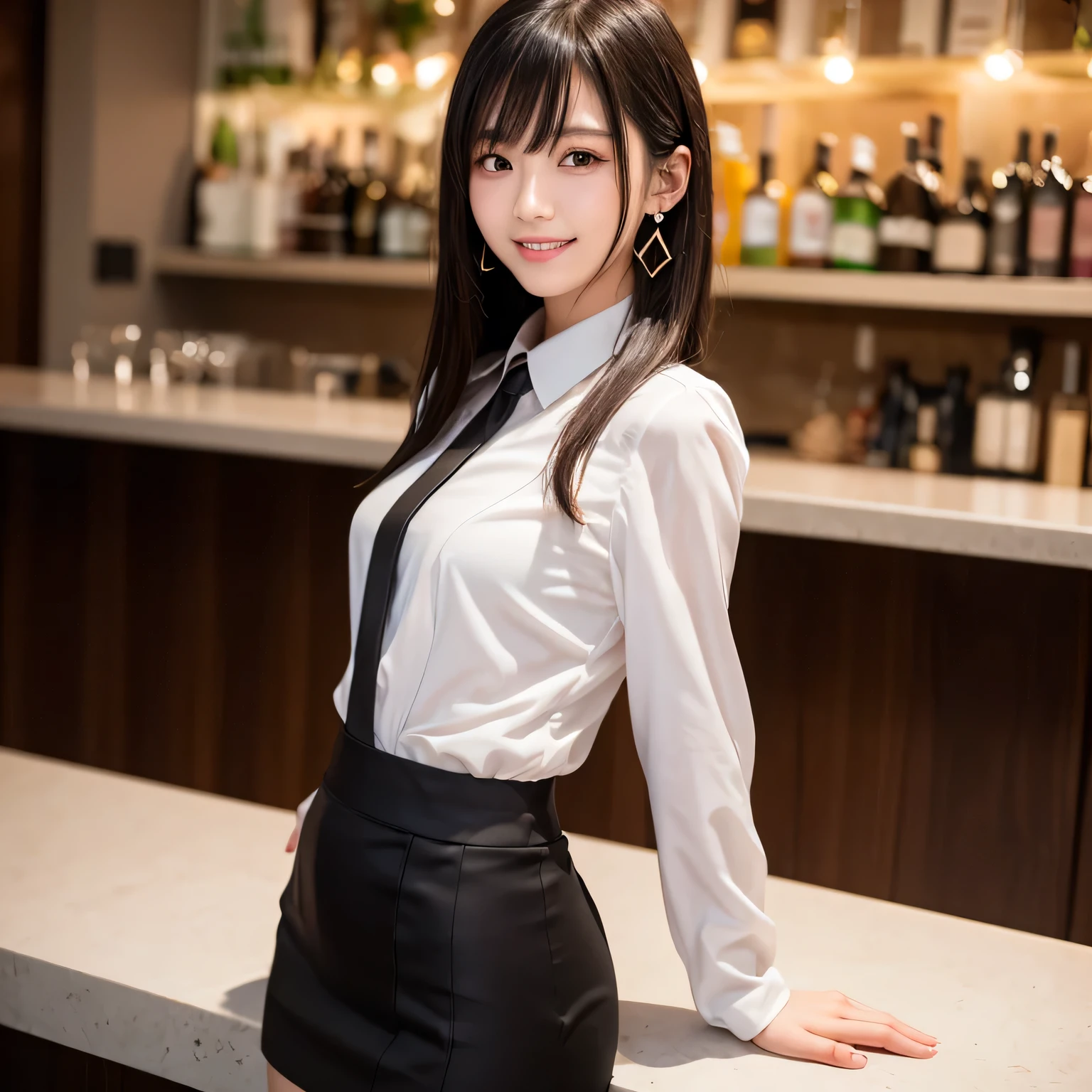 An office lady in a short skirt and white shirt is sitting at the bar counter, next、Landscape、Cowboy Shot、 (超Realistic pantyhose), Skirts and pantyhose, Height: 165cm, Japanese Model, Short Layered Hair、Of Japanese,Gorgeous young Japanese woman, Laughter、Japanese Goddess, Innocence、Realistic pantyhose、RAW Photos, (8k、Highest quality、masterpiece:1.2)、(Intricate details:1.4)、(Photorealistic:1.4)、Octane Rendering、Complex 3D rendering with ultra-detail, Studio Lighting, Rim Light, Vivid details, Super Detail, Realistic pantyhose、Realistic skin texture, Detailed aspect, Beautiful details in the eyes, Highly detailed CG Unity 16k wallpaper, compensate, (Detailed Background:1.2), Glowing Skin、looked back、Exposed thighs!!!