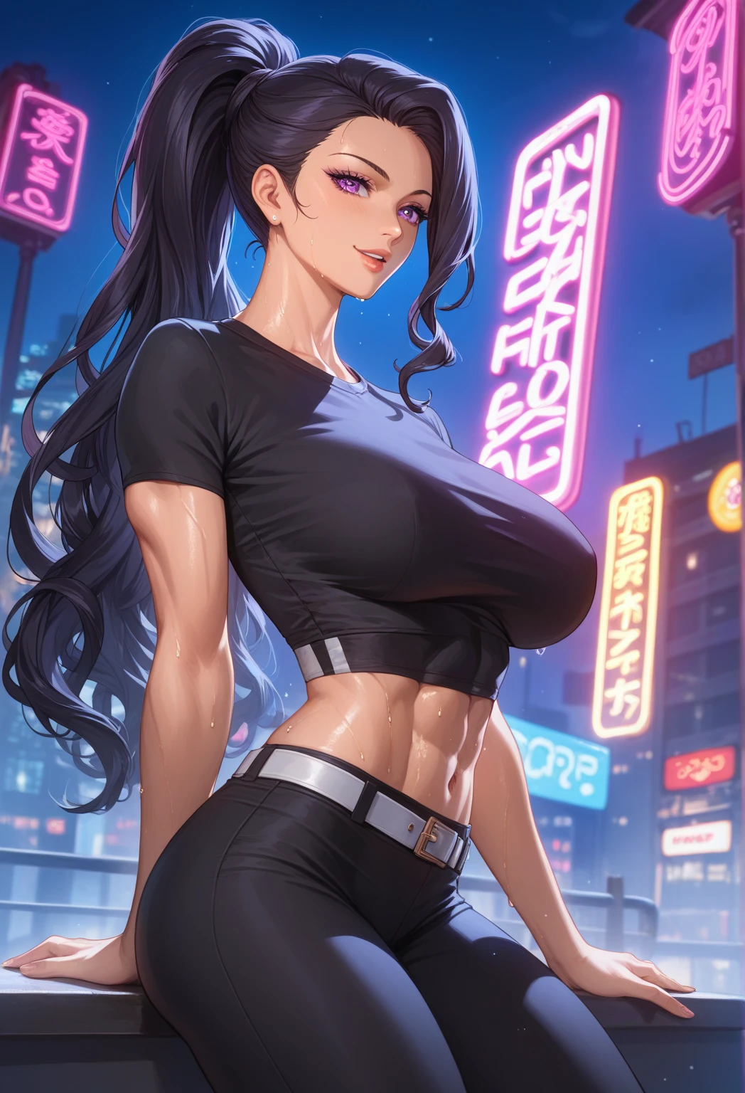 Tifa lockhart, tifa_lockhart,  ff7, sultry face, (white tank top:1.2), black miniskirt, (black long hair), hair bangs (red eyes:1.3) long eyelashes, beautiful red eyes with brightness, surrealism, shadow, stereogram, (photorealistic, realistic: 1.2), POV, atmospheric perspective, cinematic lighting, ray tracing, 8k, super detail, best quality, masterpiece, well detailed, (Canan EOS R6, 135mm, 1/1250s, f/2.8, ISO 400:0.9), cyberpunk, neon, neon signs, ramen shops, (huge breasts:1.5) red gloves --auto --s2