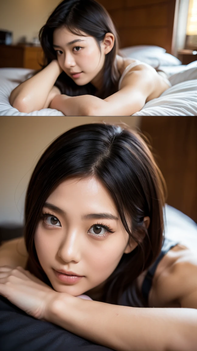 highest quality, Detailed workmanship、High resolution、(8k, High resolution:1.2)、RAW Photos, Realistic、Slim figure、High resolutionの顔、the face is in focus、High resolutionの目、(Concentrated, Symmetrical pupils:1.2)、High quality and beautiful skin、Firm Skin、Natural Makeup、Gloss lips, High-definition hair texture、masterpiece、Japanese women、nurse、nurse、17 years old、very cute, very short hair break (White nursing uniform、White nurse:1.3) break (Lying on one's own back:1.3)、(Hold your arms over your chest:1.2), (In a hospital bed:1.2)、(Very embarrassed:1.3), (blush:1.3), (Sad face、Scary face:1.3)、Wet eyes:1.2, Embarrassed look、Looking into the camera、(color々Easy-to-shoot angle:1.3)、Mid-chest, Browsing Caution, Cleavage
