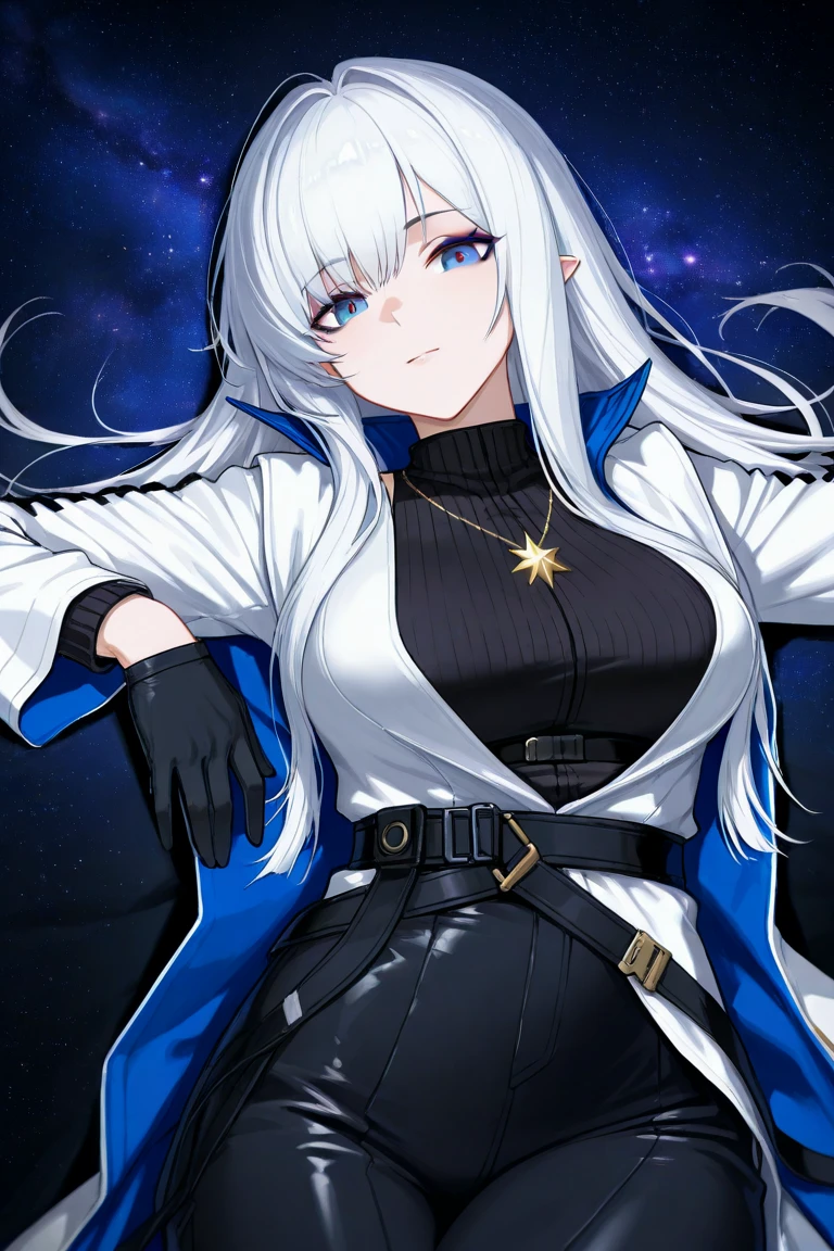 (Highest quality), (High resolution), (masterpiece), (Super detailed), Silver Hair, Long Hair, Blue and purple eyes, Blue Archive Art Style, One girl, girl, Young Girl, Silky skin, Shiny skin, An athletic body, blush, Heavy breathing, chest, (Open clothes, Black long coat, White shirt, Black tie, Black trousers, My crotch is wet), Diagram from the front, (Bright saturation), Dripping love juice, Heart Pupil, Expression of pleasure, Trembling with sexual climax, Heavy breathing, Night Alley