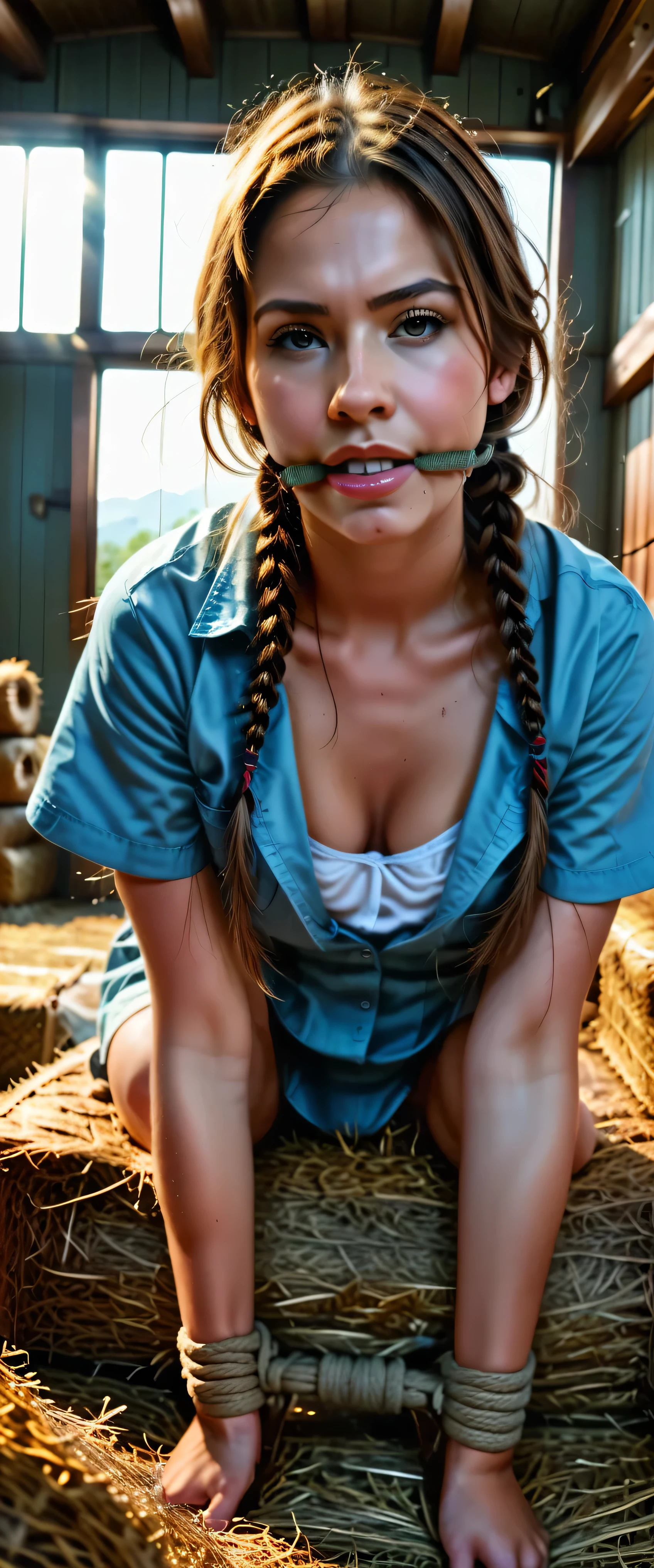 girl in sexy_cowgirl_cosplay_outfit,hogtied,rating_explicit,barn,detailed,photorealistic,HDR,16K,beautiful,serene,warm lighting,golden hour,countryside landscape,wooden beams,hay bales,dust motes,natural textures,cinematic composition,dramatic clouds,rolling hills,professional portrait photography