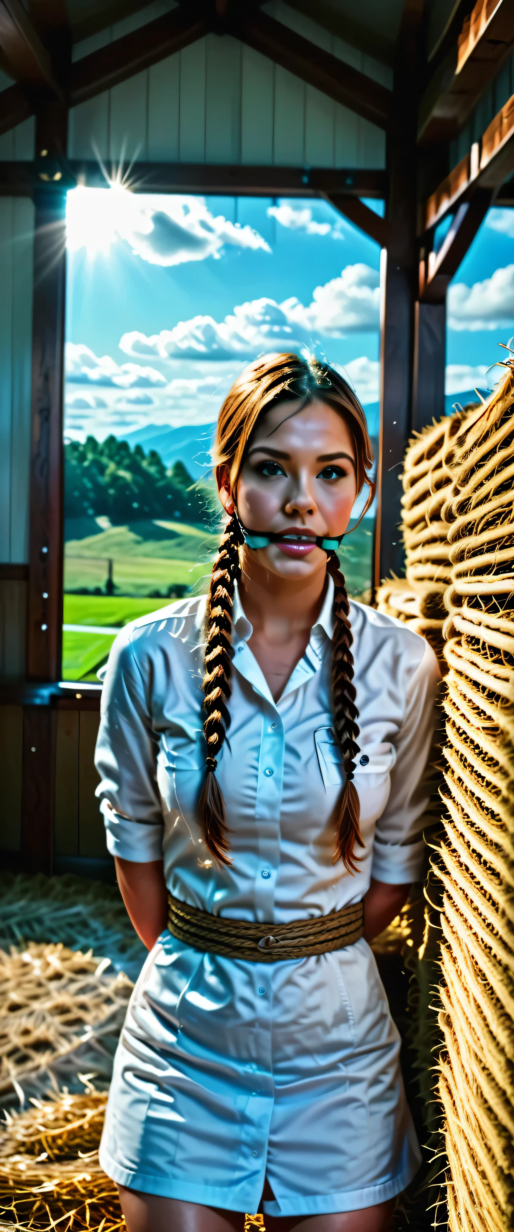 girl in sexy_cowgirl_cosplay_outfit,hogtied,rating_explicit,barn,detailed,photorealistic,HDR,16K,beautiful,serene,warm lighting,golden hour,countryside landscape,wooden beams,hay bales,dust motes,natural textures,cinematic composition,dramatic clouds,rolling hills,professional portrait photography