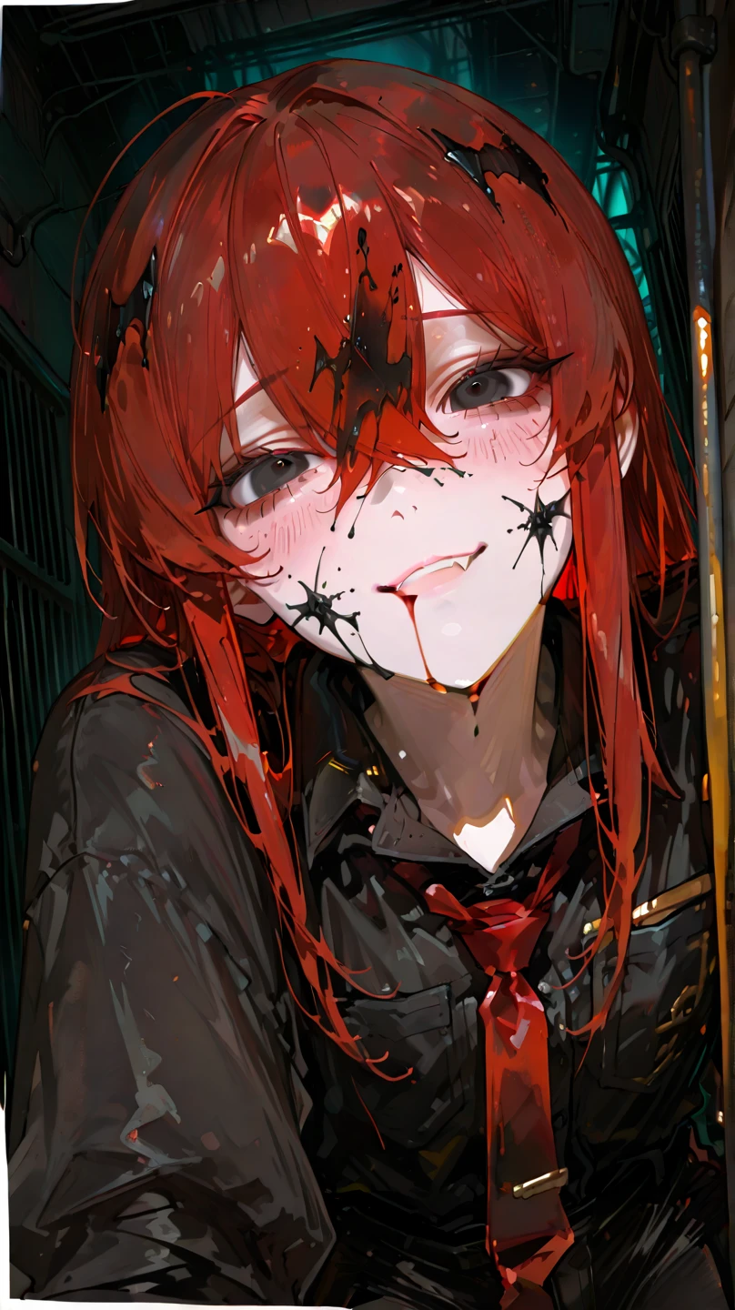 redheadwear,Single twist braid,yellow cat eyes,There are roses in the mouth,Hold the chain,wear white shirt,Wear a black tie