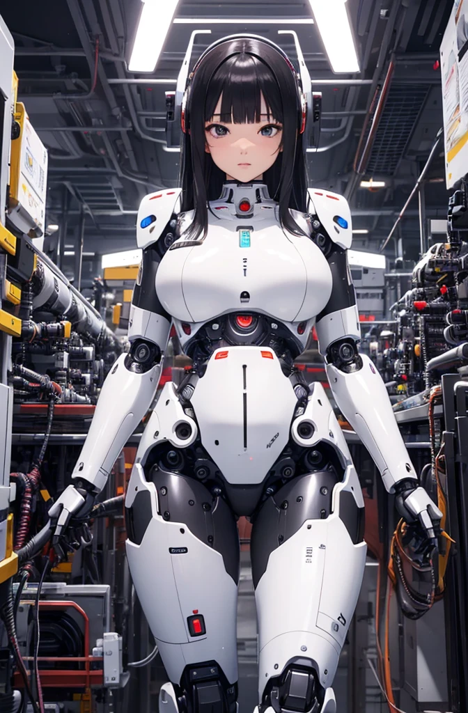 2 depicting an android based on a 39-year-old Japanese woman being repaired.5D art please。She has brown wavy hair in a ponytail.、has green eyes。Her figure is chubby and glamorous.、The body is made of silver metallic metal.、Consists of ball joints。Her body, modified as an android, has been disassembled.、Please draw so that the internal mechanical parts and wiring are visible.。her expression is expressionless、The background is the atmosphere of a robot factory.、Please make the composition look like a manipulator or assembly robot is maintaining her body.。