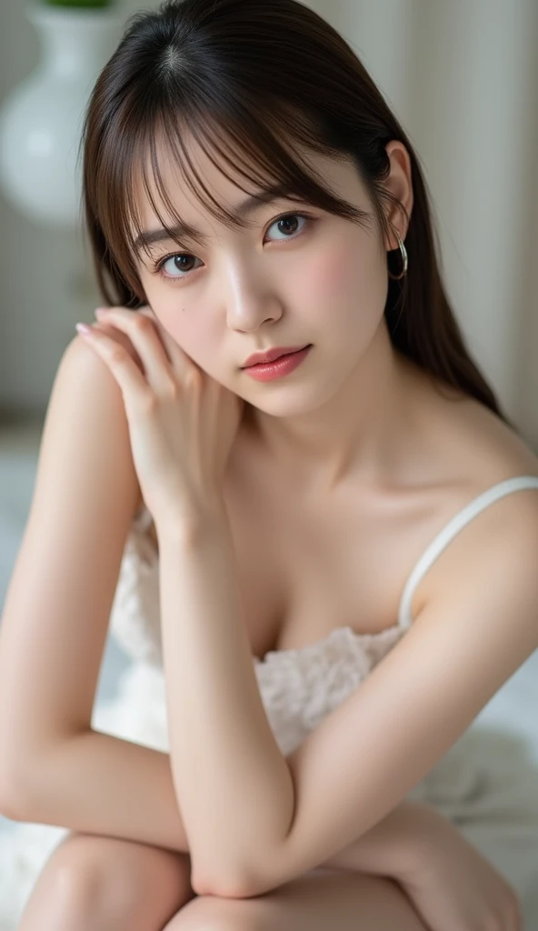 masterpiece, highest quality, 8k, 20th Generation, Large Breasts, cute, alone, sad, cute, Girlish, Delicate girl, Pure beauty, RAW Photos, Professional photography, Portraiture, Soft Light, Professional Lighting, Backlight, Upper Body, avert your eyes, Sophisticated, Film Grain, (Eyes and facial details:1.0), Short floating hair, Beautiful, flowing hair, bangs, (Waffle-material cache-coeur(Vibrant pastel colors))、(Large Breasts:1.0)、You can see a little cleavage、Nipple protrusion、Dolly Makeup、Translucent white skin、White Breasts、Odd Eye、The colour of the left and right eyes are different