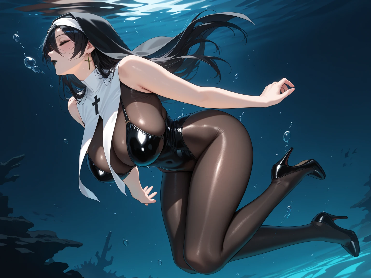 Delicate picture, a beautiful girl, long black hair, wavy hairstyle, wearing black-framed glasses, smile, necklace, temperament, big breasts, skintight full bodysuit, beach, blue sky, erotic, sexy, crotch focus