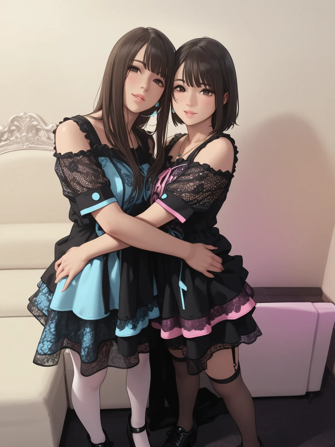 They are two women in long clothes posing on the bed, beast, Ayami Kojima and Ride Caldwell, realistic young gravure idol, sophisticated gravure idol, Young and cute gravure idol, model エリサヘス s from acquamodels, young gravure idol, Young sensual gravure idol, cute core