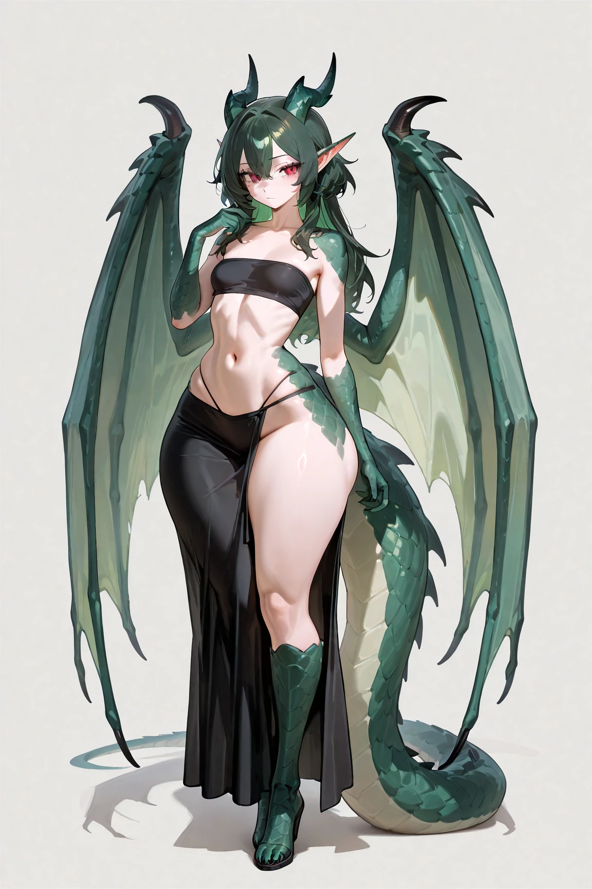 ((Best Quality)), ((masterpiece)), (detailed), 1 girl, with reptile tail, beautiful skin, with big breasts and wings in a forest