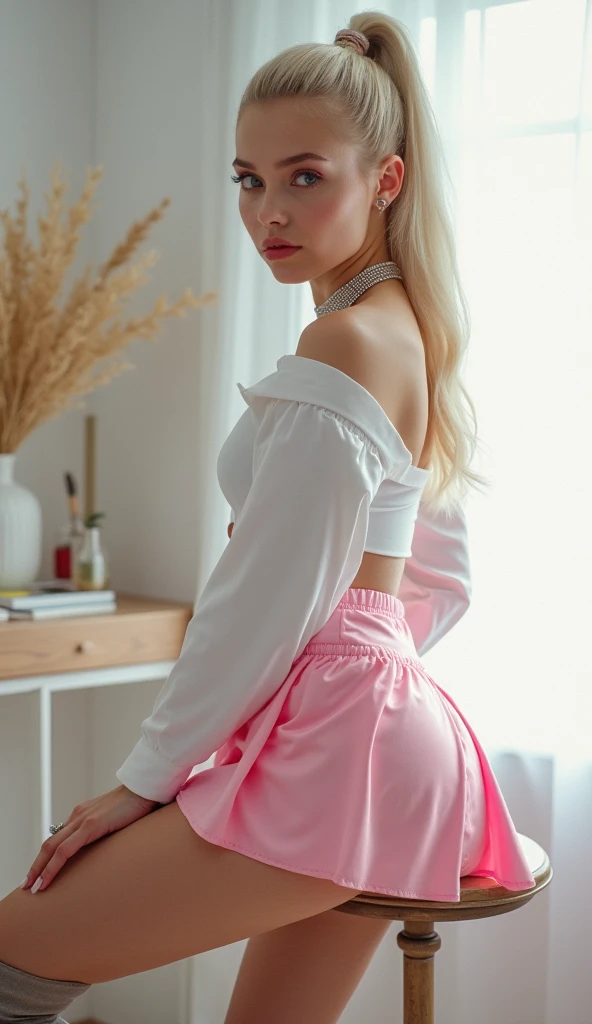 19 year old female, Pink hair, Masterpiece, Realistic, Well formed visual, High quality, Clean clothes, ((standing in tight shirt and skirt, very detailed skin, detailed hands with five fingers, sharp focus)) Slender body, Innocent face, Naturally wavy hair, Blue eyes, High resolution, Best quality, Intricate details, Very detailed, Sharp focus, Detailed skin, Realistic skin texture, Texture, Detailed Eyes, Professional, 4k, Charming Smile, Shot on Canon, 85mm, shallow depth of field, Kodak Vision Color, Perfectly aligned body, Very detailed, Photo_\(Ultra\), PhotoRealistisch, Realistic, Post-processing, Maximum Detail, Roughness, Real Life, Ultrarealistic, Photorealism, Photography, 8k UHD, Photography, intimacy atmosphere, hot