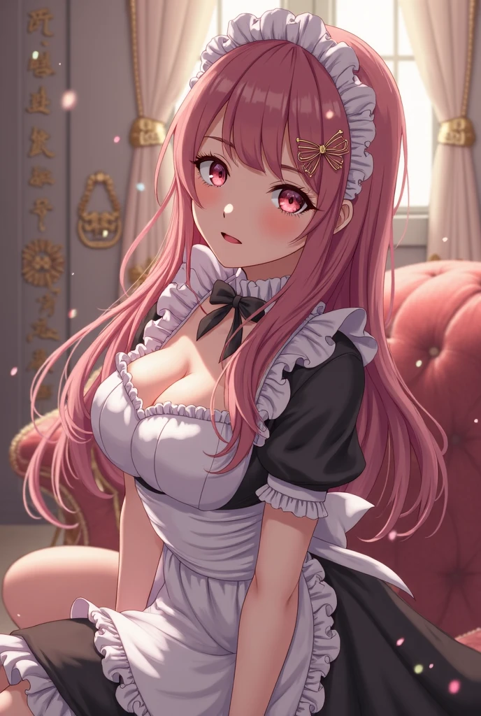Highest Quality, masterpiece, beautifully detailed eyes, curly Blonde Hair, twintails, Gradient Hair, pink highlights in hair, large breasts, sitting, makeup, glossy lips, enamel maid dress, collarbone, small maid apron, short skirt, thigh highs, (bed),