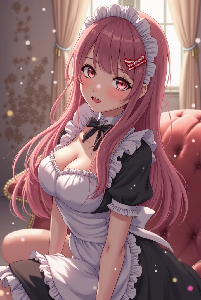 1girl in, solo, nakano nino, Pink hair, butterfly hair ornament, (barechested:1.3), (White Apron),, cleavage of the breast, thighs thighs thighs thighs, Cafe Background, (red blush:1.3)，Open your mouth wide
