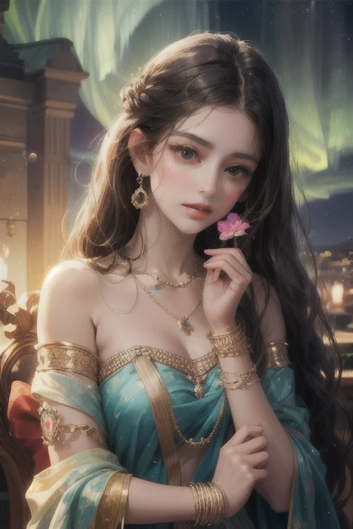 (best quality,4k,8k,highres,masterpiece:1.2),ultra-detailed,(realistic,photorealistic,photo-realistic:1.37),a girl in a garden,medium:oil painting,beautiful detailed eyes,beautiful detailed lips,extremely detailed eyes and face,long eyelashes,translucent silk,deep violet color,gold trim,gold embroidered flowers,Indian woman aged 30,focus on the cloak,vivid colors,soft lighting