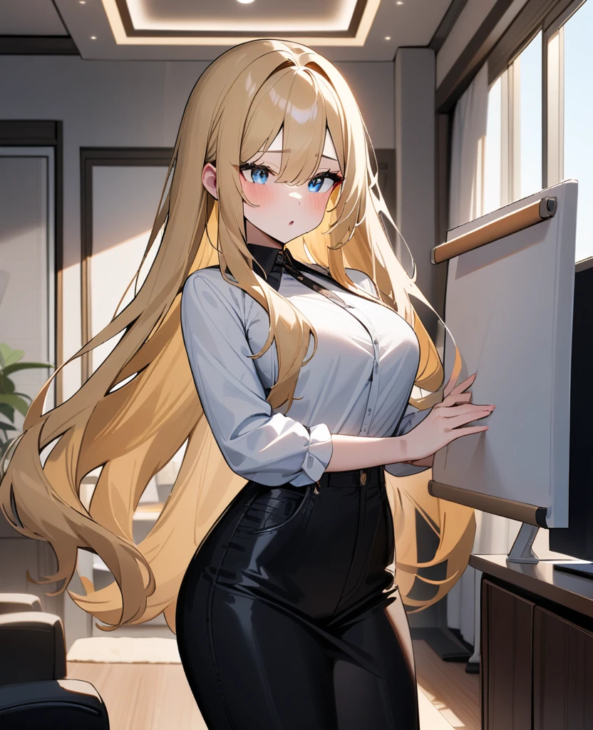Eula, 1 girl, standing alone, ((white shirt)), black thicc thighs, breastsout, neckleace, 's uniform, desk background, Black Skirt, pleatedskirt, desk, hair between the eyes, large breastsout, long hair, gazing at viewer, hair blue, short blue nails, standing alone, thicc thighs, thicc thighs, long hair, ((work of art)), sitting down, chair, tabletop, computer on tabletop, Badge, identification label, hinterland, golden hair clip, blush, pose sexy, ssmile,