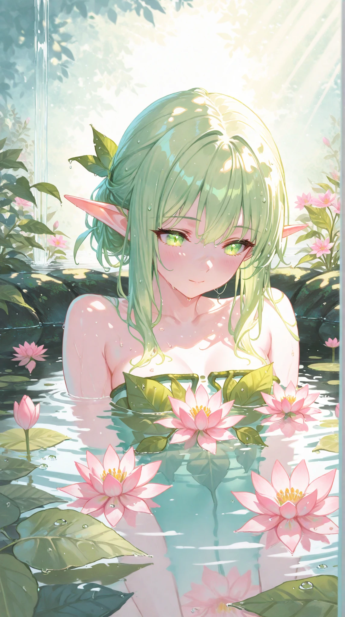 (masterpiece) , (best quality) , (reality: 1.3) , photorealistic, Octane rendering, (surreal: 1.2) , perfect facial features, translucent dressing gown, fairy facial features, translucent body, translucent hair, water element, elements emerging around, pale pink effect, forest, perfect appearance, blush, (hands behind the head, sticking out from the armpits 1.4.) ), Big Breasts, (MILF), seelie (genshin impact), elf, fairy \, (fairy wings), original, extremely detailed wallpaper, highly detailed illustration, (1 Girl), (best lighting), (super-complex detail), 4K unity, (hyper-detail CG: 1.2), (8K: 1.2), in the bathtub,