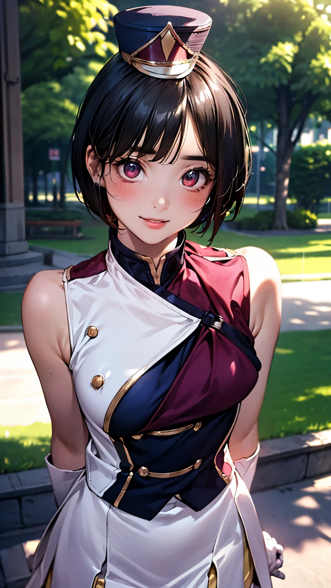 (masterpiece:1.3, top-quality, ultra high res, ultra detailed), (realistic, photorealistic:1.3), beautiful illustration, perfect lighting, natural lighting, colorful, depth of fields, 2025s, ,
beautiful detailed hair, beautiful detailed face, beautiful detailed eyes, (five fingers, perfect anatomy, anatomically correct, super detailed skin), pink skin, shiny skin,
looking at viewer, (face focus, upper body), 1 girl, high school girl, cute and symmetrical face, perfect face, perfect eyes, perfect body, babyface, cute face:1.2, tiny,
(short hair, bob cut, long sidelocks, black hair), blunt bangs, maroon eyes, big eyes, long eye lasher, (medium breasts, narrow west, seductive thighs), skin dentation,
(detailed cloth texture), (sunfes, uniform, mini shako cap, white glove, white boots),
(beautiful scenery), summer, evening, detailed background, (park:1.5), walking, (arms behind back), (lovely smile, shy, blush, parted lips),