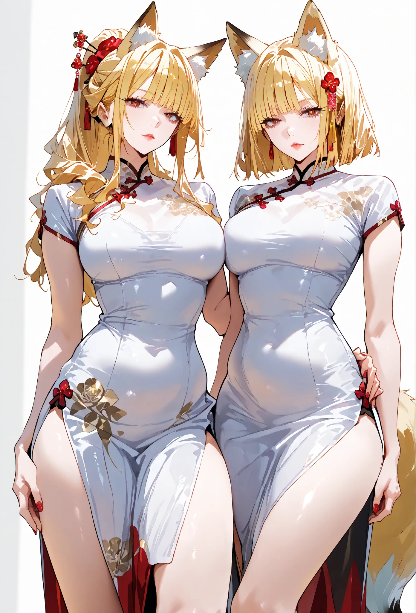 ((Highest quality)), ((masterpiece)), (detailed), (Perfect Face)、A woman with the same appearance but different clothing colors3Two people are servicing a man on a large bed、The woman is wearing a gorgeous, glittering, long-slit see-through Chinese dress with gold embroidery, a black veil and a black see-through cape, as well as a gorgeous hair ornament and gorgeous jeweled accessories.、The woman is the elegant Tsukino Usagi, with long blonde hair in a chignon twin tail.