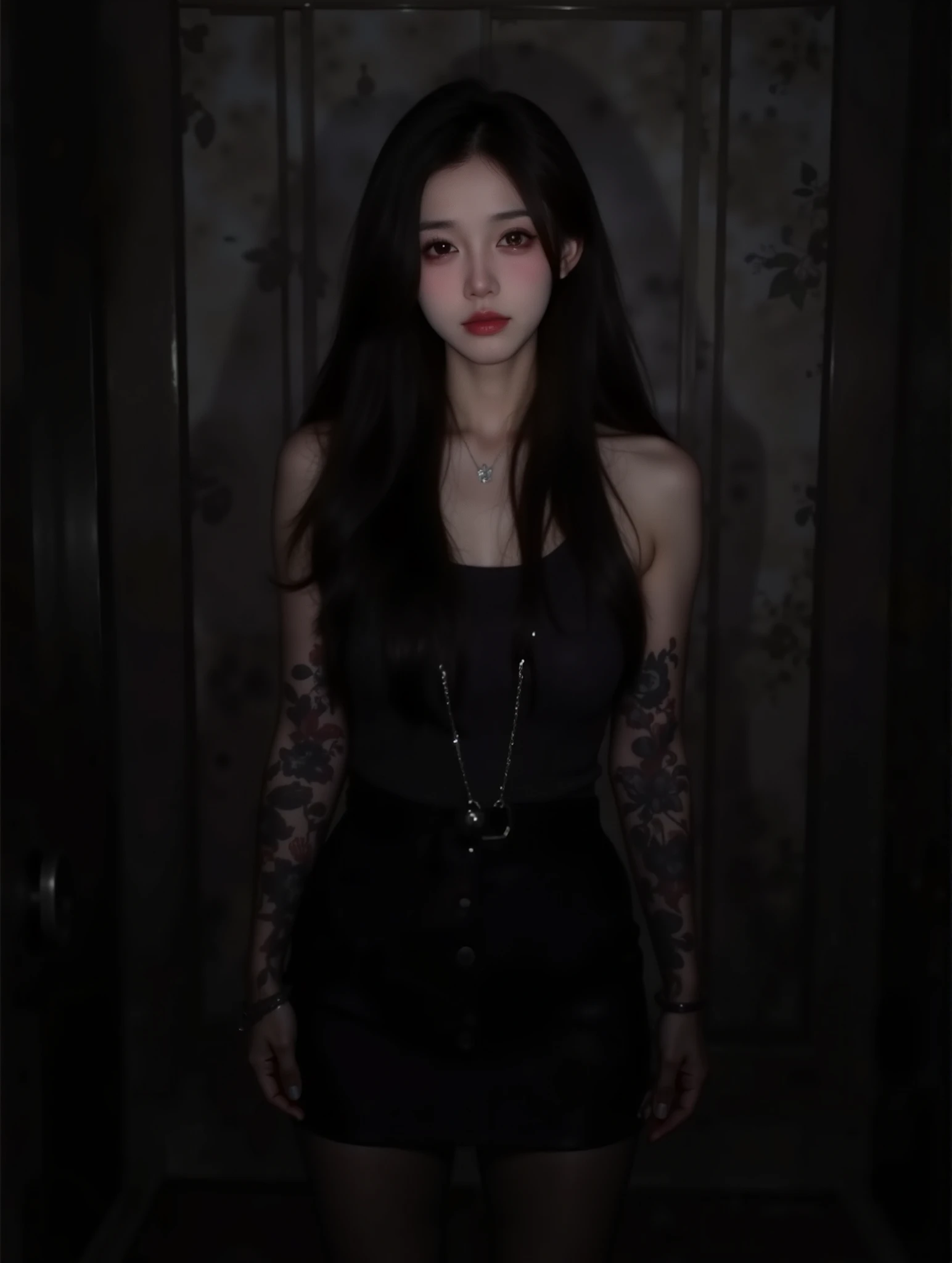 Top Quality, Masterpiece, Ultra High Resolution, (Photorealistic: 1.4), Raw Photo, 1 Girl, Off Shoulder, Darkness, Deep Shadow, Low Key, Cold Light,