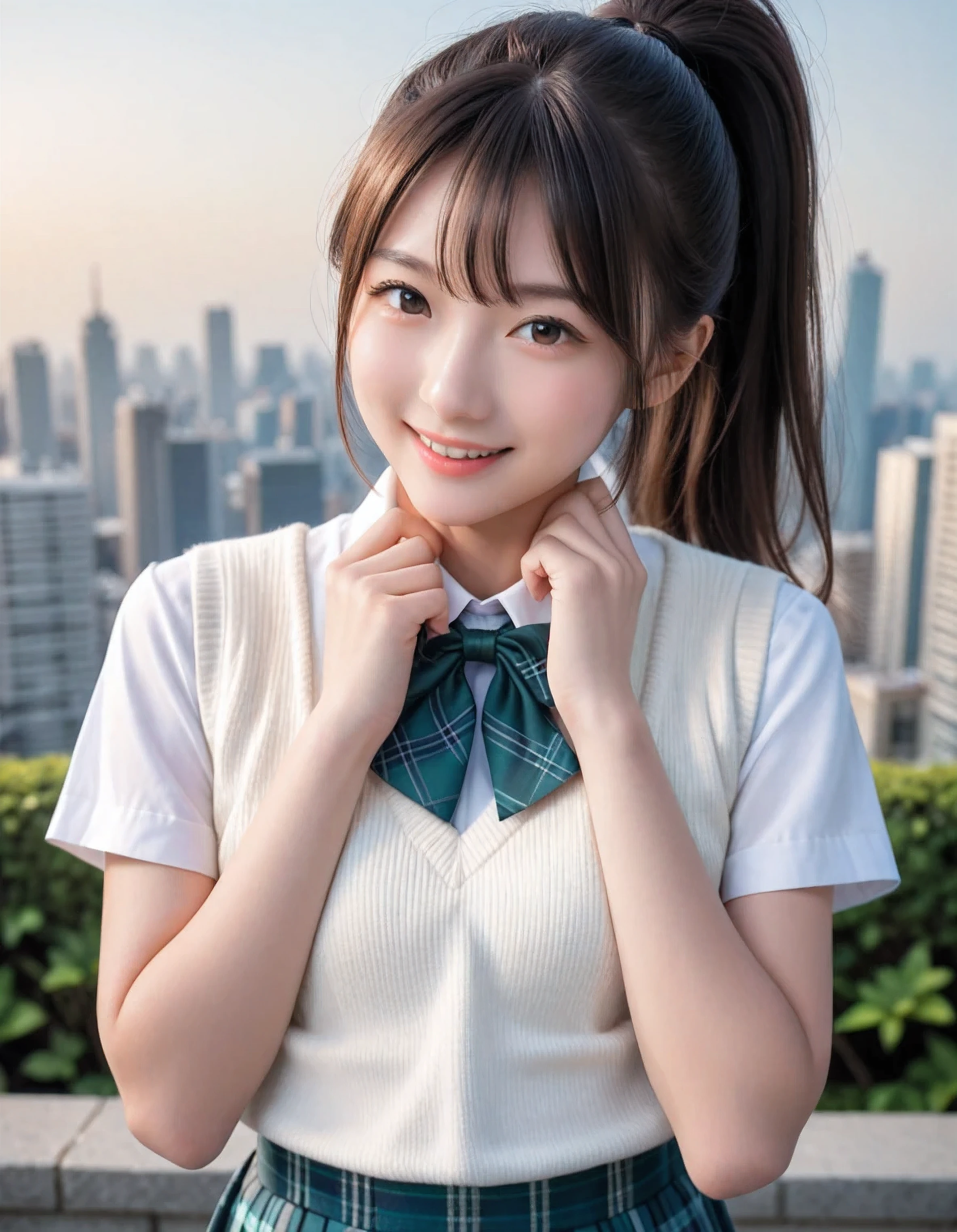 score_9, score_8_up, score_7_up, super detailed, 32K, Masterpiece, top quality, super high definition ,, official art, photorealistic, ((solo)), 1 classy Japanese girl, ((ponytail)), black hair, smaller face, natural makeup, cute face, small , curvy body, perfect_proportioned body, Detailed high quality, Realistic depiction of face, fair skin, school uniform, green bowtie, white short sleeves shirt, white sweater vest, navy plaid skirt, standing, hand on chin, outdoors, skyline, upper body, gentle smile,