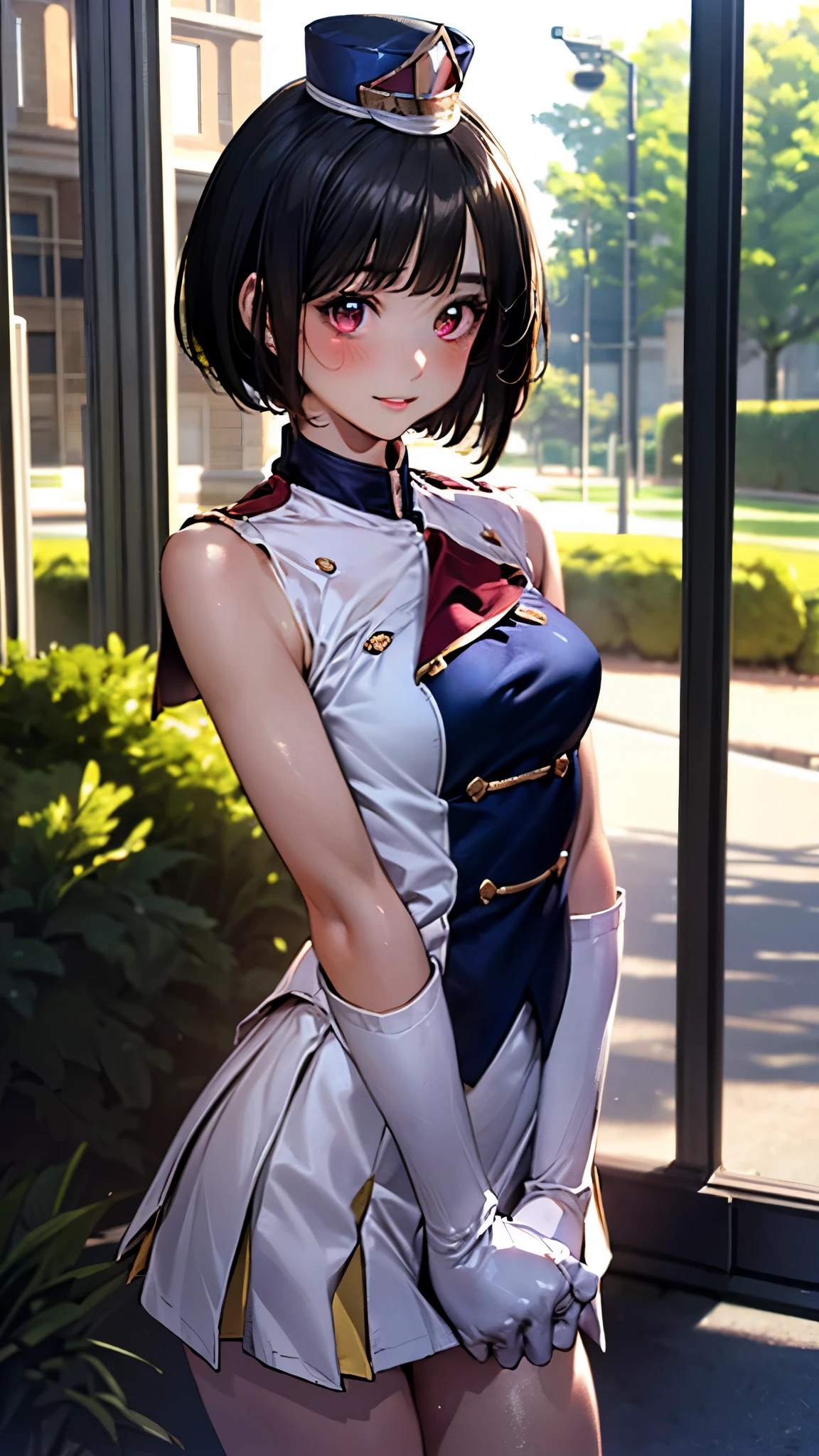 (masterpiece:1.3, top-quality, ultra high res, ultra detailed), (realistic, photorealistic:1.3), beautiful illustration, perfect lighting, natural lighting, colorful, depth of fields, 2025s, ,
beautiful detailed hair, beautiful detailed face, beautiful detailed eyes, (five fingers, perfect anatomy, anatomically correct, super detailed skin), pink skin, shiny skin,
looking at viewer, (face focus, upper body), 1 girl, high school girl, cute and symmetrical face, perfect face, perfect eyes, perfect body, babyface, cute face:1.2, tiny,
(short hair, bob cut, long sidelocks, black hair), blunt bangs, maroon eyes, big eyes, long eye lasher, (medium breasts, narrow west, seductive thighs), skin dentation,
(detailed cloth texture), (sunfes, uniform, mini shako cap, white glove, white boots),
(beautiful scenery), summer, evening, detailed background, (park:1.5), walking, (arms behind back), (lovely smile, shy, blush, parted lips),