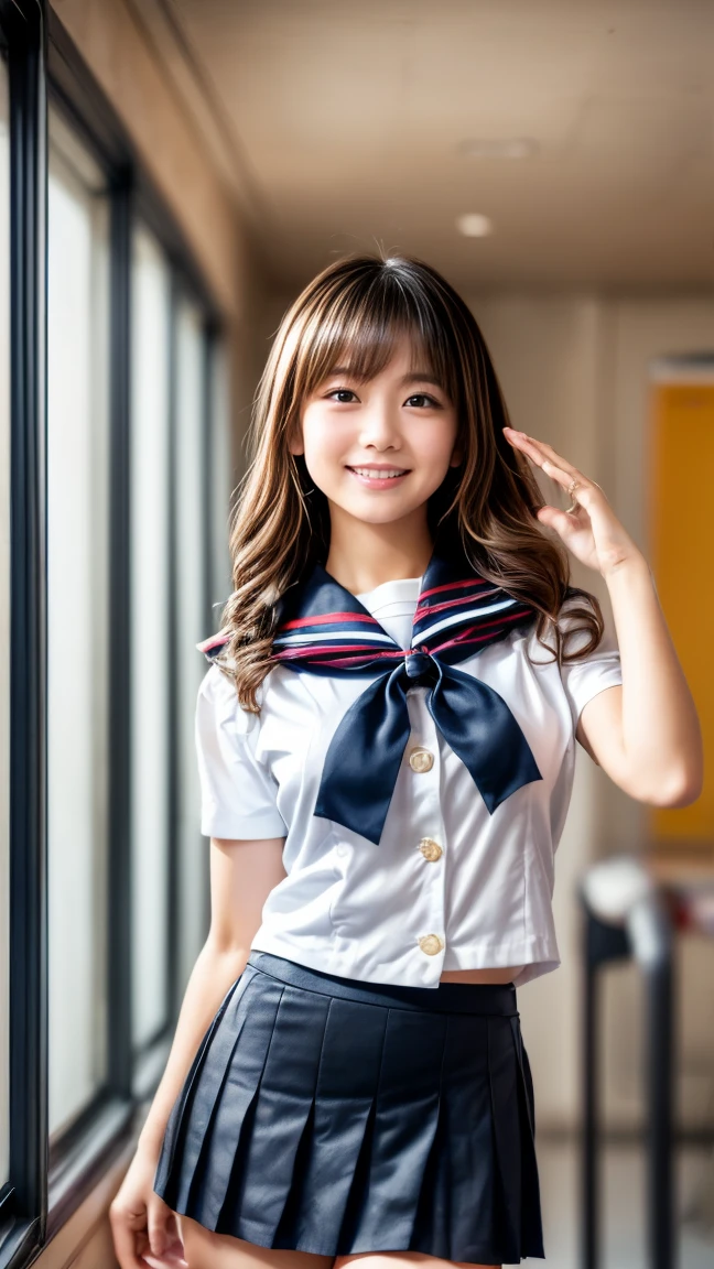 a closeup, masterpiece, top-quality, FULL ANATOMY、Raw foto, Photorealsitic、(Cute little face:1.7)、(Very cute smile:1.7)、(with round face:1.7)、(She looks like an idol and is cute:1.7), A dark-haired、(brightly colored school uniforms:1.7), depth of fields, hight resolution, ultra-detailliert, finely detail, ighly detailed, extremely detailed eye and face, Realistic pupils, foco nítido, Cinematic lighting、18-year-old woman、(One lady、独奏:1.3)、 poneyTail、curlyhair、Very detailed 8k wallpaper、Show me your whole body、Looking at the camera、(Very short plaid pleated skirt、I can see my panties:1.5)、(Pink fishnet stockings)、is standing、Angle from below、(Thigh close-up:1.4)、Nice figure、Clothes with emphasized chest bulge、depth of fields、Bokeh in the background