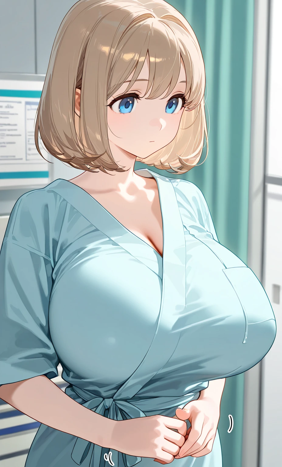 One Woman, Highest quality, masterpiece, Super Resolution, super high quality, Large Breasts, Idol, Beauty, ((From the front 1.2)), Cleavage, 8k, High resolution eyes, High-resolution contours, ((Forehead visible 1.3)), Stylish, High-resolution pupils, blush, High resolution face, High resolution breasts, Ultra HD, Open your mouth, Upper Body, High resolution mouth, Sexy body, ((Super cool face 1.5)), ((Hanging 1.6)), Broken bangs, Yellow Eyes, model, Mature Woman, Adult women, Beautiful clavicle, High resolution hair, Mother, maternal, Underboob, Sideboob, Married Woman, couple, super beautiful, Charm, Alluring, Open your mouth, Blonde, short hair, Textured skin, Textured Breasts, nurse, Hospital room, nurse服,
