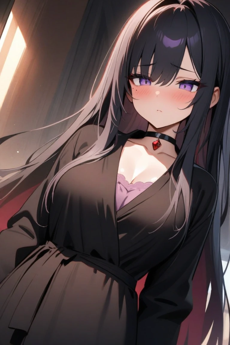 A woman with short black hair and pink-red eyes...... Long hair She walked out the door............Wear a black vest...... Black Skirt........ Slim profile, Fair-skinned, large boobs, He blushed slightly., Close your eyes and smile brightly............
