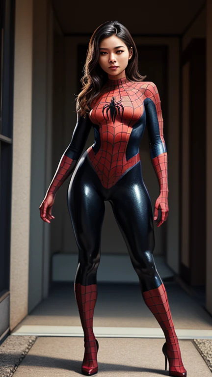 masterpiece, 1 Korean girl,realisticlying,8K UHD,high high quality,in the background bokeh, white and black spider-man suit,Spidey,Clothes wrap around the whole body,Tight clothing,Abs contour,Short black hair,s the perfect face,shining face,Ultra-clear face,Elaborate Eyes,idoly