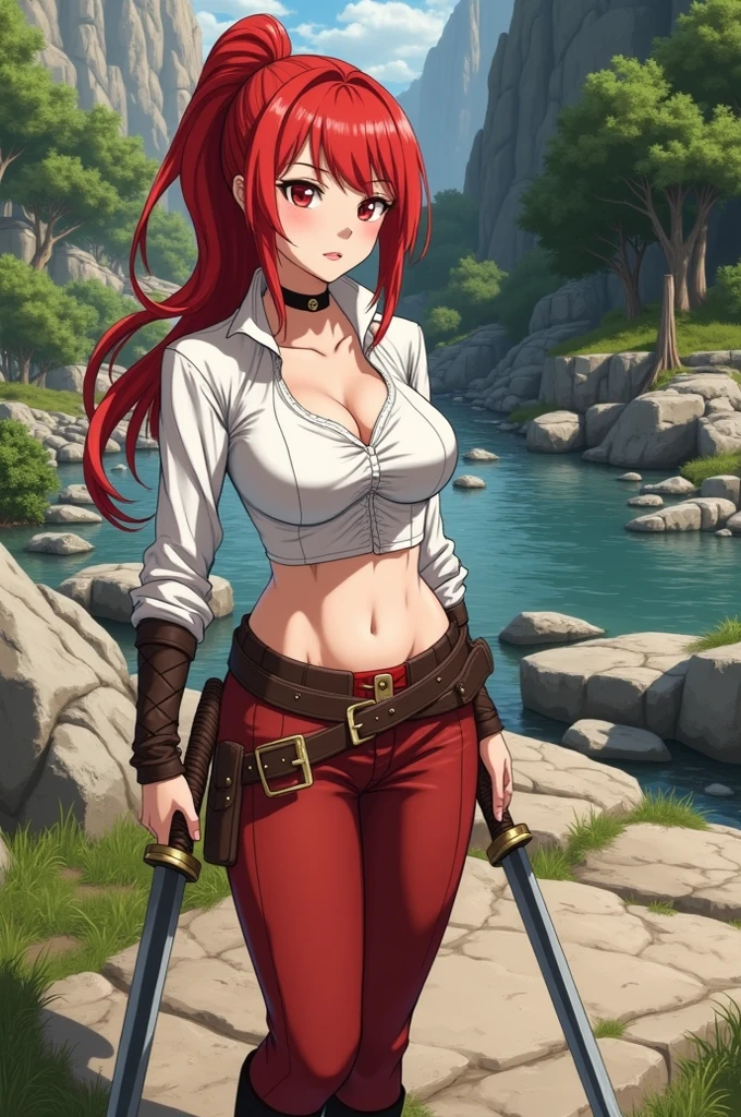red-pinkish hair, green eyes, long hair, miniskirt, sexy panty, belly free, athletic, sexy outfit