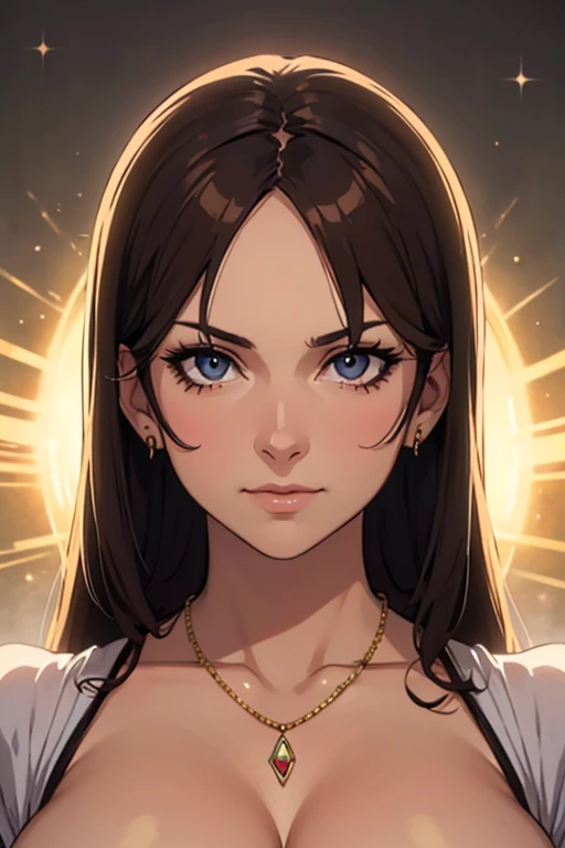 (Highest quality)(detailed)(1 middle-aged woman,single,long hair,brown hair,blue eyes ,beautiful breasts,Black suit shirt,Turn to look at the viewer,with guardian cat)