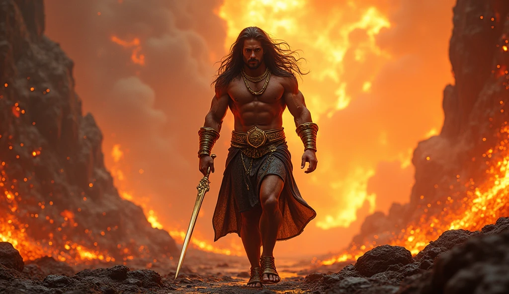 A muscular Indian warrior named Bheema, Mahabharata, captured from a distance in an evening post-war scene, holding a huge round golden mallet, backlit by a foggy and burning ruins, (best quality,4k,8k,highres,masterpiece:1.2),ultra-detailed,(realistic,photorealistic,photo-realistic:1.37),dramatic lighting,cinematic composition,epic fantasy,detailed muscular body,intense expression,Mahabharata,battlefield,dramatic smoke and fog,warm color tones,dramatic atmospheric lighting, dead bodies fallen, bloody,  chariots fallen, horses running in background, people fighting in background 
