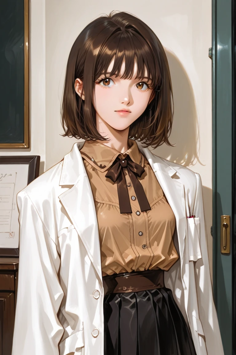 Highest quality, masterpiece, Ultra-high resolution, (Realistic:1.5), RAW Photos, One girl, A skinny girl with small breasts、In the Dark, Deep Shadow, Modest, Cold Light, Sexy look, short hair, (Blazer uniform)、The skirt is twisted by the wind、I can see her white panties
