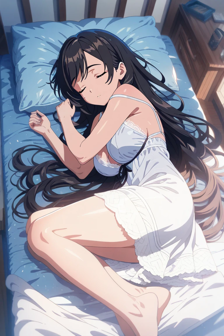 masterpiece, best quality, ultra detailed, high resolution, full body, black hair, swept bangs, closed eyes, very long hair, tareme, large breasts, wearing a white lingerie, lying in bed peacefully, soft sleeping expression, simple shoulder-strap one-piece dress casually placed nearby on the bed, relaxed and cozy atmosphere, bedroom, soft lighting, anime style