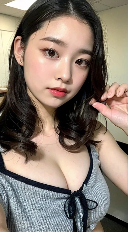 ((Highest quality)), ((masterpiece)), (detailed), One girl,park,Small breasts,Japanese,Drooping eyes,Symmetrical face,front,Selfie、8K、With bangedium Hair、Black Hair,T-shirt