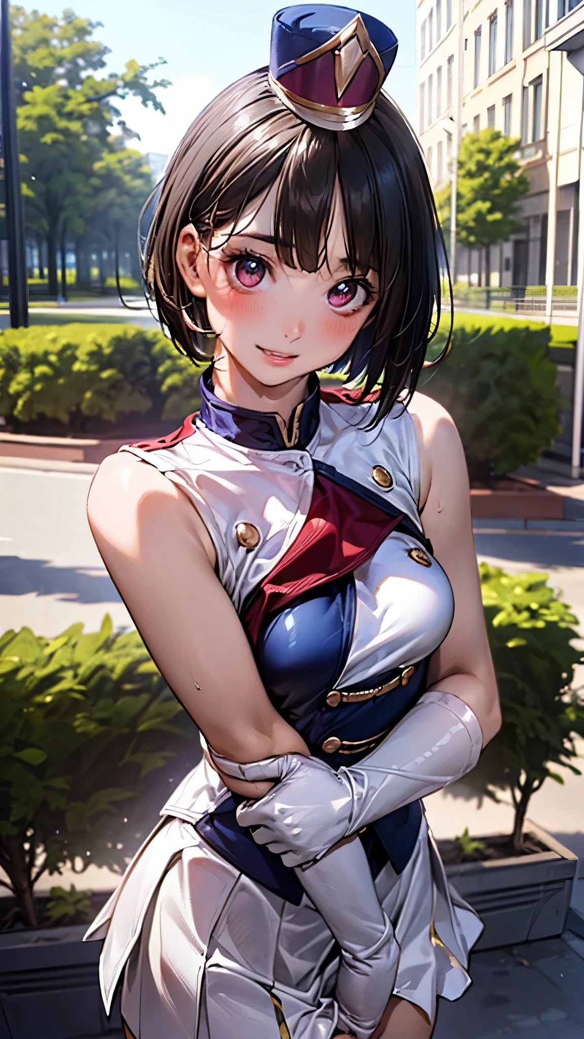 (masterpiece:1.3, top-quality, ultra high res, ultra detailed), (realistic, photorealistic:1.3), beautiful illustration, perfect lighting, natural lighting, colorful, depth of fields, 2025s, , 
beautiful detailed hair, beautiful detailed face, beautiful detailed eyes, (five fingers, perfect anatomy, anatomically correct, super detailed skin), pink skin, shiny skin, 
looking at viewer, (face focus, upper body), 1 girl, high school girl, cute and symmetrical face, perfect face, perfect eyes, perfect body, babyface, cute face:1.2, tiny, 
(short hair, bob cut, long sidelocks, black hair), blunt bangs, maroon eyes, big eyes, long eye lasher, (medium breasts, narrow west, seductive thighs), skin dentation, 
(detailed cloth texture), (sunfes, uniform, mini shako cap, white glove, white boots), 
(beautiful scenery), summer, evening, detailed background, (park:1.5), walking, (holding horn), (lovely smile, shy, blush, parted lips),