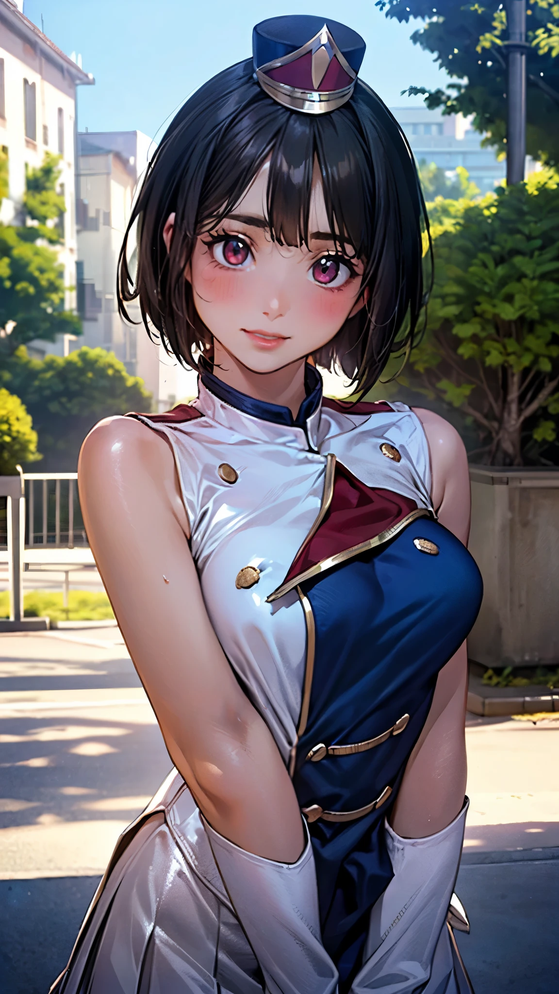 (masterpiece:1.3, top-quality, ultra high res, ultra detailed), (realistic, photorealistic:1.3), beautiful illustration, perfect lighting, natural lighting, colorful, depth of fields, 2025s, ,
beautiful detailed hair, beautiful detailed face, beautiful detailed eyes, (five fingers, perfect , anatomically correct, super detailed skin), pink skin, shiny skin,
looking at viewer, (face focus, upper body), 1 girl, high school girl, cute and symmetrical face, perfect face, perfect eyes, perfect body, babyface, cute face:1.2, tiny,
(short hair, bob cut, long sidelocks, black hair), blunt bangs, maroon eyes, long eye lasher, (, narrow west, thighs), skin dentation,
(detailed cloth texture), (sunfes, uniform, mini shako cap, white glove, white boots),
(beautiful scenery), summer, evening, detailed background, (park:1.5), walking, (holding horn), (lovely smile, shy, blush, parted lips),