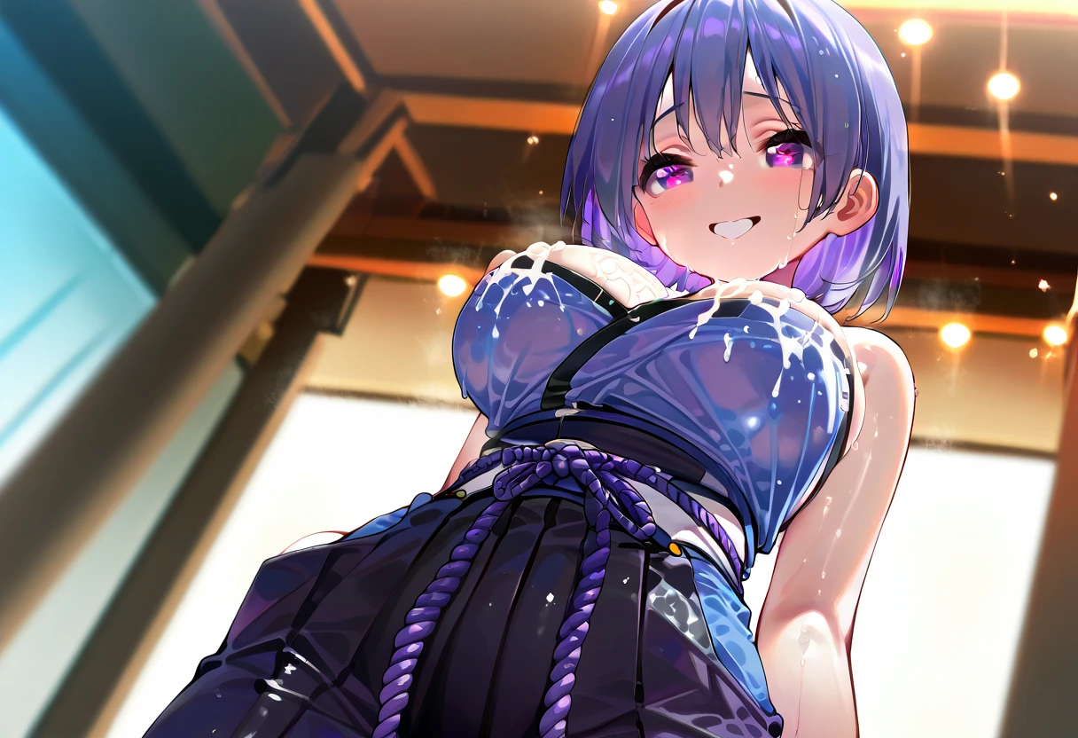 kaito, two-toned hair, blue hair, purple hair, purple eyes, scarf, necklace,, empty eyes ,  , See Through COAT, See Through PANTS,, live stage, large breasts, 1girl, smile,  wet, solo. , nipple