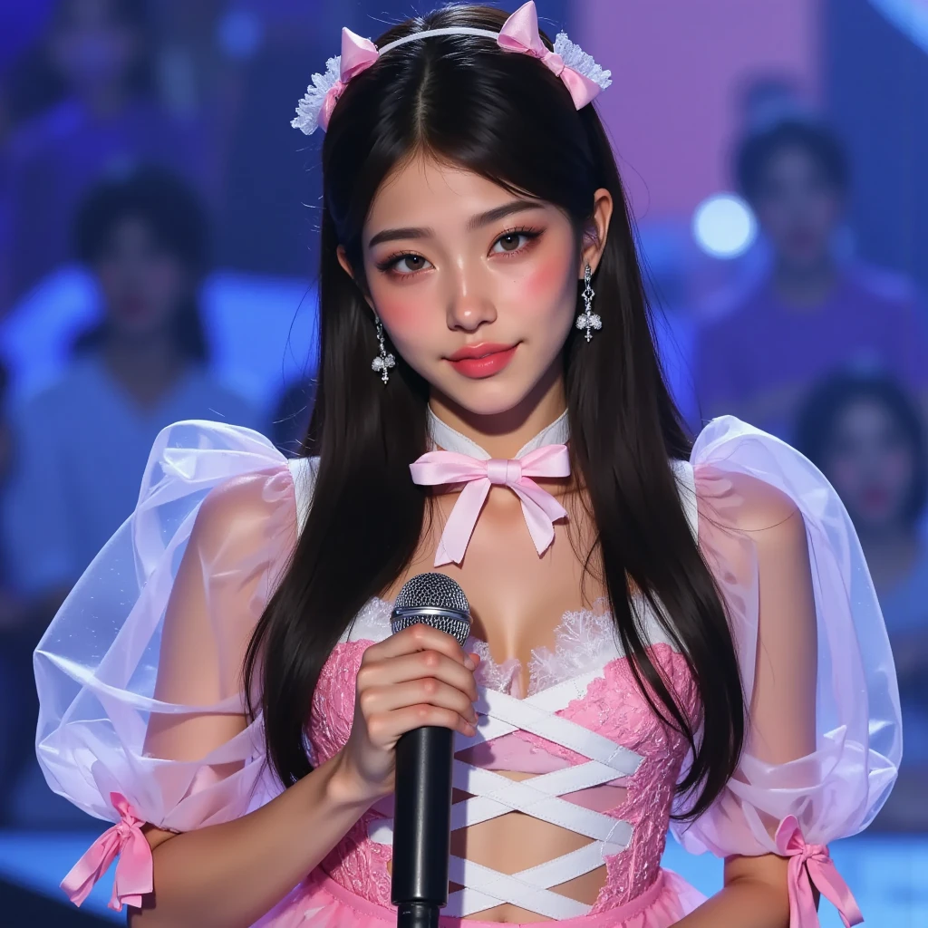 (extremely detailed), (detailed), (extremely detailed eyes), art of light novel cover, realistic, 1girl, idol, sexy, singing, demure teenage girl, 18 years old, long loose black hair, delicate fair face, deep expressive eyes, pink lace dress, frilly intricate feminine, holding a microphone, singing with passion, gesturing dramatically, in a dazzling music hall, under bright spotlights, surrounded by an enchanted audience, youthful yet poised, a rosebud on the verge of blooming, an ethereal dreamlike vision, a visual spectacle, (masterpiece), (best quality), highres