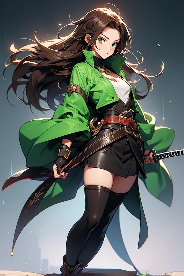 1girl, solo, accurate, forest-background, sunset, clouds, sunny-background, in-the-middle-of-nowhere, detailed, detailed lighting, absurdres, high resolution, sharp, ultrasharp, 8K, masterpiece, looking at viewer, looking-at-husband-which-is-the-viewer, cowboy shot, beautiful, depth of field, blurry background, masterpiece, best quality, married, large-breasts:1.3, beautiful-face, half-closed-eyes, navel, standing, best quality, 28 years old:1.5, long hair, straight hair, brown hair, sexy large bangs, detailed fingers, beautiful fingers, detailed toes, beautiful toes, perfect fingers, perfect toes, shrine maiden, witch, beautiful long legs, beautiful body, beautiful nose, perfect face, mature:1.1, mature female:1.2, slight-muscle-on-the-arms, female-muscle-body_(small), badass, sexy, gorgeous, woman, perfect, happy, in-love, smile, grin, romantic, true-love, stunning, wholesomeness, pure-love, emo, black hat with green ribbon on it, detailed jacket, sexy-black-leather-jacket, green shirt, black-plain-choker-necklace_(nothing-on-it), detailed knee pants, black knee pants, flipflops, full-body, woman, black eyeliner (makeup), green eyes, cool, gold-wedding-ring-on-the-right-hand, darkness-around-girl, small-blue-ear-rings, blue-fingernails, dull character design, simple character design, style, change, some-skin, exact, hauntingly beautiful, otherworldly vibe, immersive experience, emotional connection, cute-blush, alone,