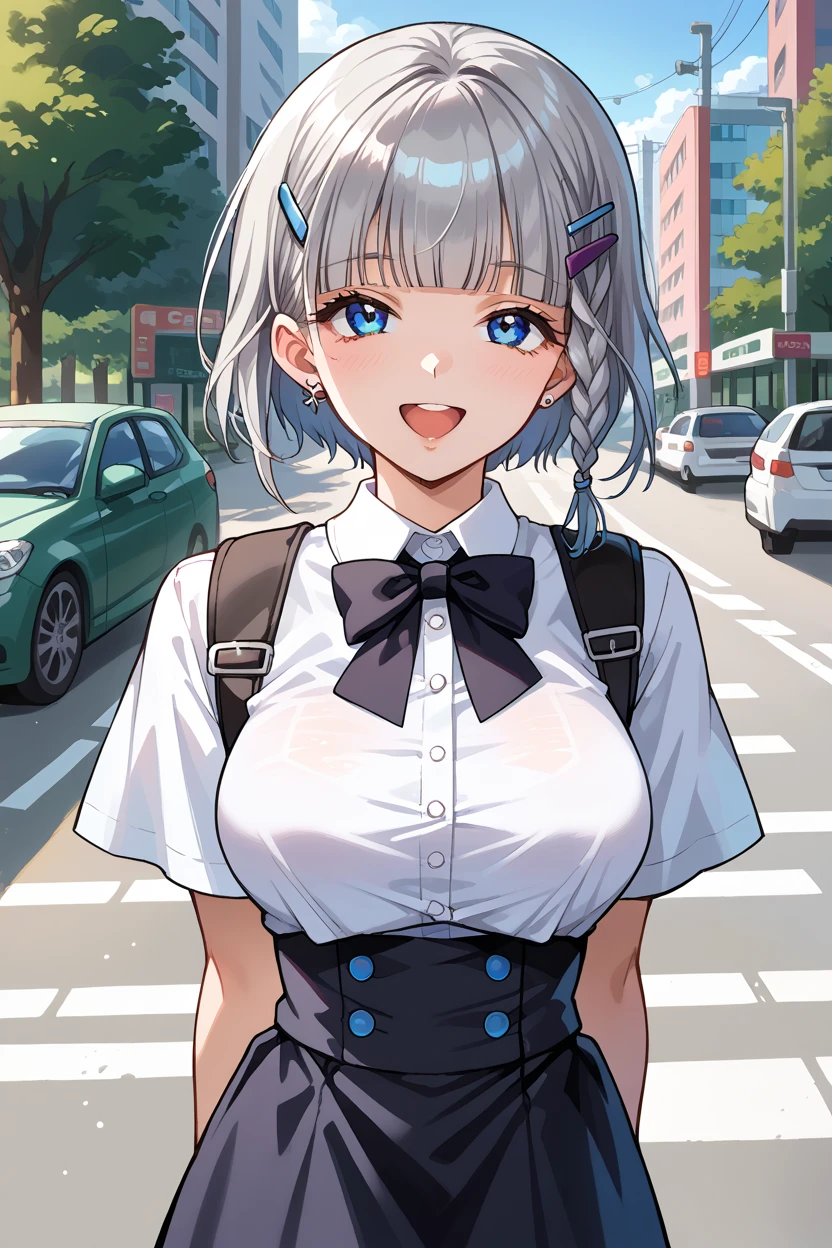masterpiece, best quality, ultra-detailed, illustration, 1girl, looking at viewer, white hair, large blue dress, yomu \(sgt epper\), <lora:YomStyle-000010:1>