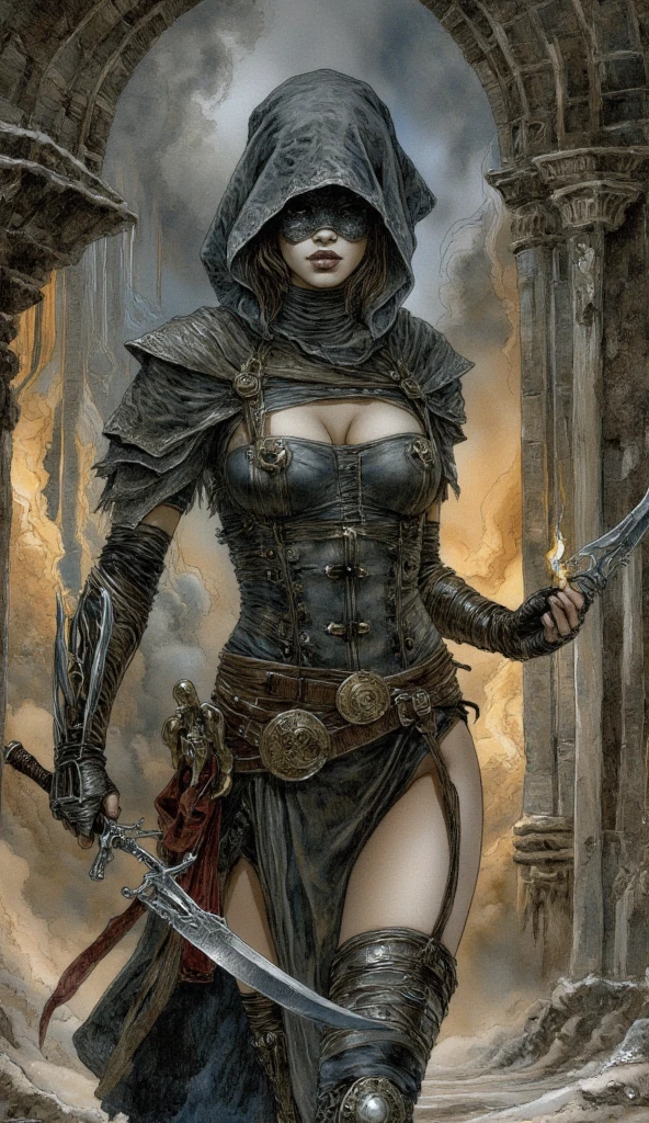 (1girl, Magdalena), (extremely detailed CG unit 8k wallpaper),(master part), (best quality), (ultra detail), (best illustration),(Dan Mumford style), cowboy shot, (Sharp eyeliner, ombre, detail eyes), dark dungeon interiors background, ,break , (vamptech),cloak, bikini armor, gauntlets, brown hair, hood, gauntlets, pauldrons, black cape, belt, straps, revealing clothes,