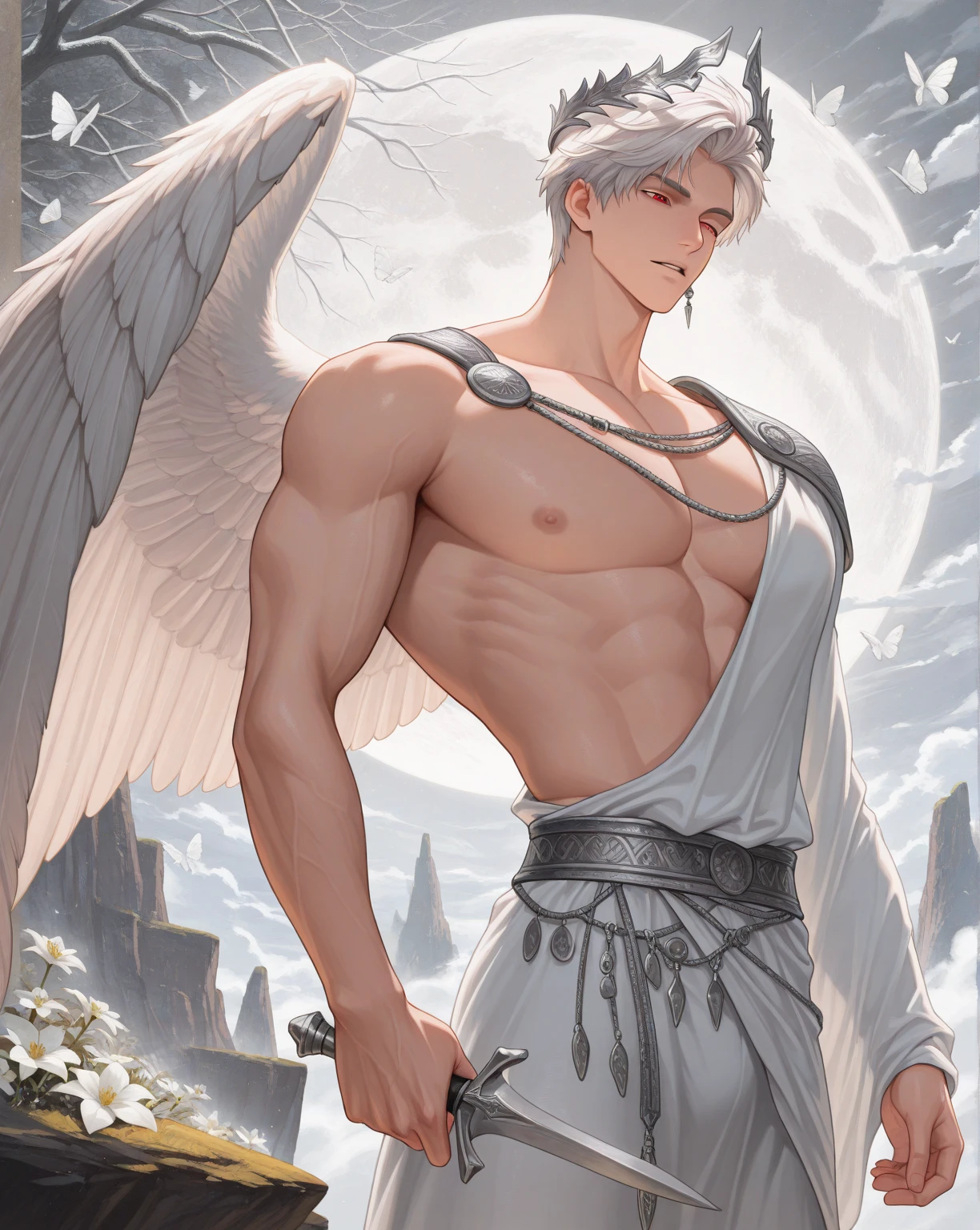 White color medieval angel, with male face (naughty man) With arms raised high. with marble texture