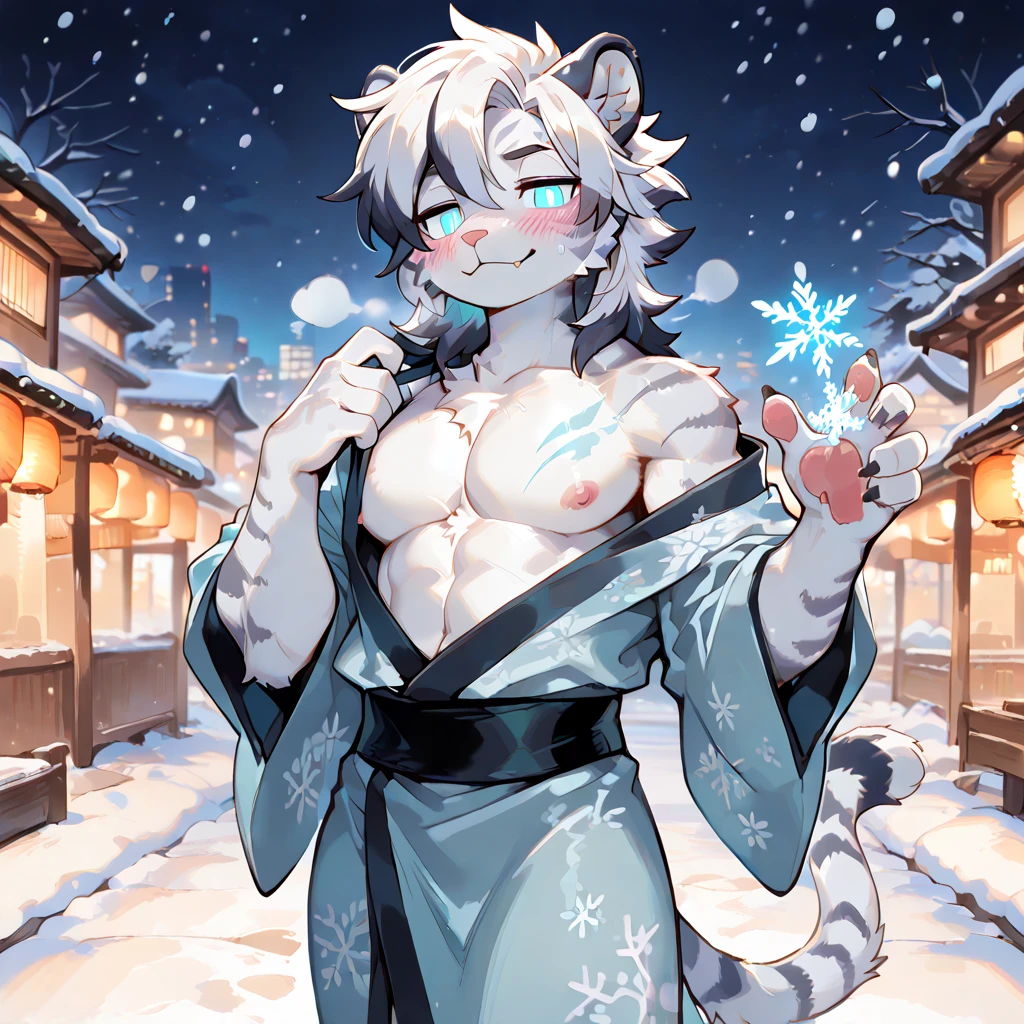 (masterpiece), best quality, dynamic angle, dynamic gesture,(furry + sexy:1.2+snow leopard:1.3), glittering ocean, full moon, floating, midnight, glittering hair, sensual expression, glowing eyes, enhance the beauty of snow leopard pattern coat based on beautiful aquatic landscapes, watercolors. masculine