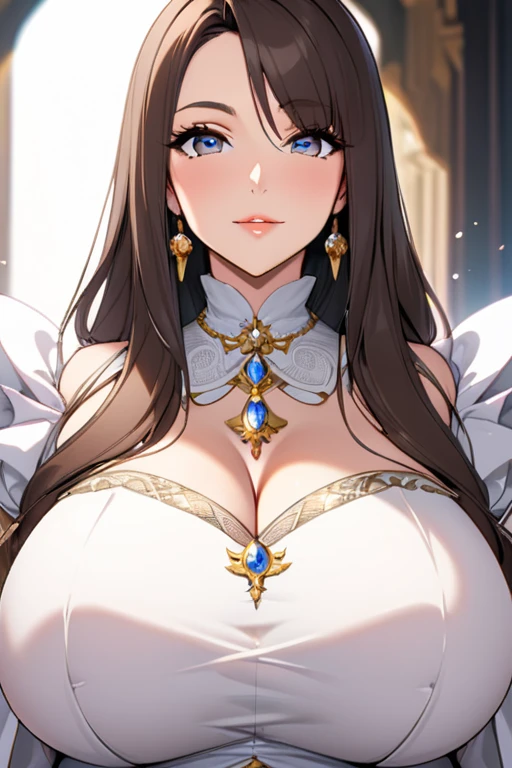 (2girls:1.2), (aligned:1.2), (couple:1.2), (looking at viewer), (golden), jewelry, crown, smile, gorgeous, splendid, luxurious, aristocrat, noble, arrogant, goddess, queen, motherhood, embroidery, white satin dress and gloves and cape, gleaming skin, gigantic breast, nagatiti, deep cleavage, best quality, high resolution, all intricate, mature women