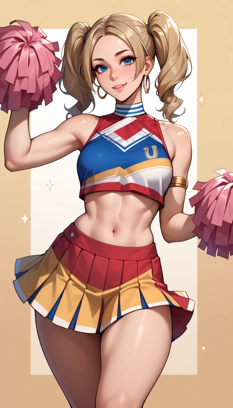 ((masterpiece, absurdres)), eggmaam, (wide hips, narrow waist, curvy), 1girl, solo, red lips, lipstick, detailed eyes, long hair, blue eyes, gloves, smile, white gloves, blue-tinted eyewear:1.4, orange hair, large breasts:1.4, cheerleader, red crop top, cleavage, tube top, strapless, sleeveless, midriff, navel, thigh squish, red pleated skirt, white thighhighs, elbow gloves, ponytail, hightail, spoken heart:1.4, goggles on head, (flat background),<lora:eggmaam-000005:0.70> <lora:blushyspicy-32:0.6>