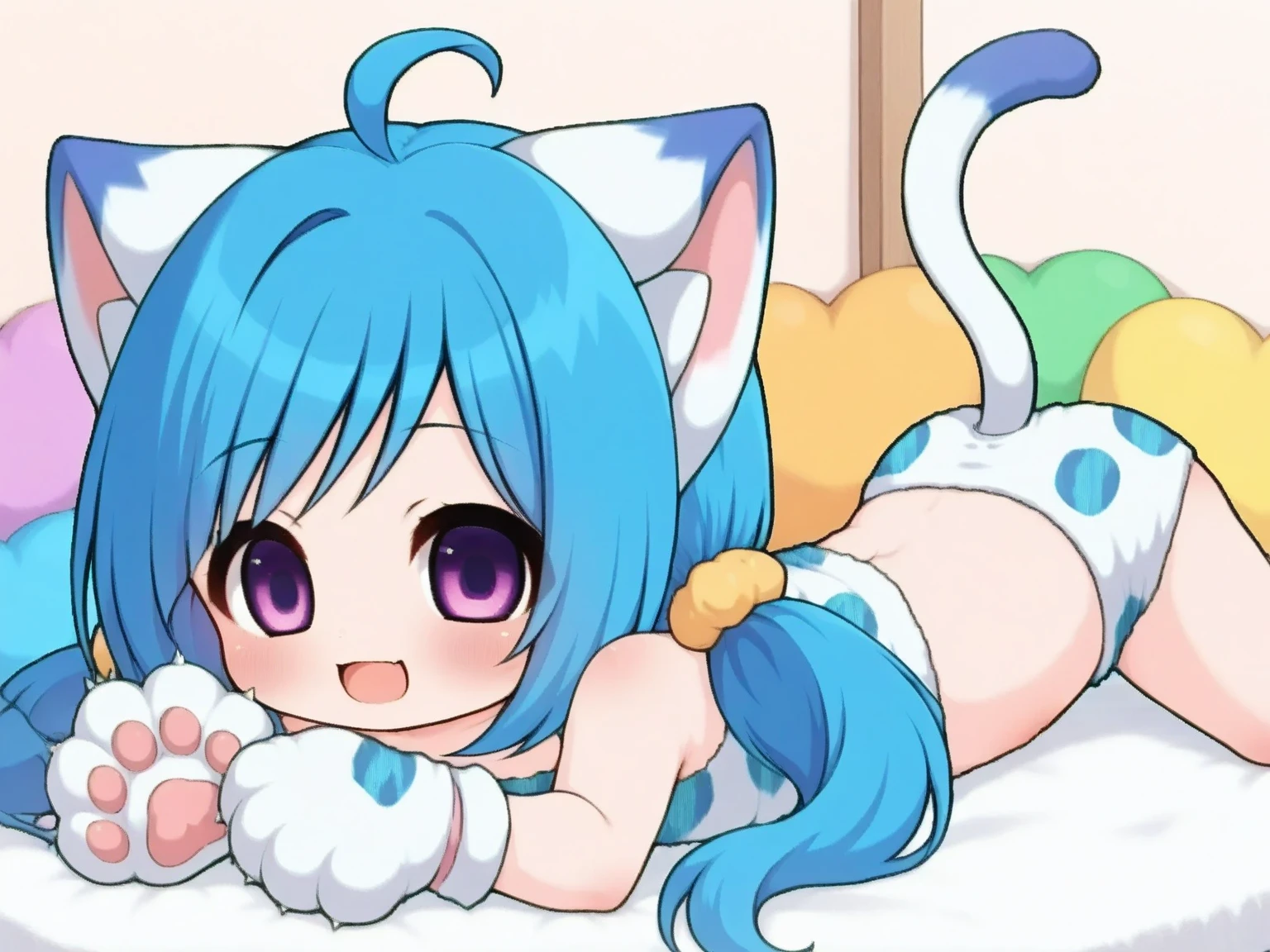 [isaCrossing], [Isabelle; Animal Crossing], [Uploaded to e621.net; (Pixelsketcher)], kemono, dagasi, solo female ankha \(animal crossing\) with ((tiny and short body with yellow fur)), (blue hair), (blue eyes), (yellow and blue striped cat tail), ((anthro furry)), (wearing sexy white lingerie:1.4), (cameltoe), (egyptian necklace), ((small breasts)), (cleavage), (detailed fluffy fur), (front view), ((laying on bed, bird's eye view)), (spread legs), (heavy breathing), (kissing expression), (shy), (hands grabbing blanket), (detailed background, bedroom background, depth of field, half body shadow, sunlight, ambient light on the body), (intricate:1), (high detail:1.3), (unreal engine:1.2), (soft focus:1.15), [explicit content, questionable content], (masterpiece, best quality, 4k, 2k, shaded, absurd res)