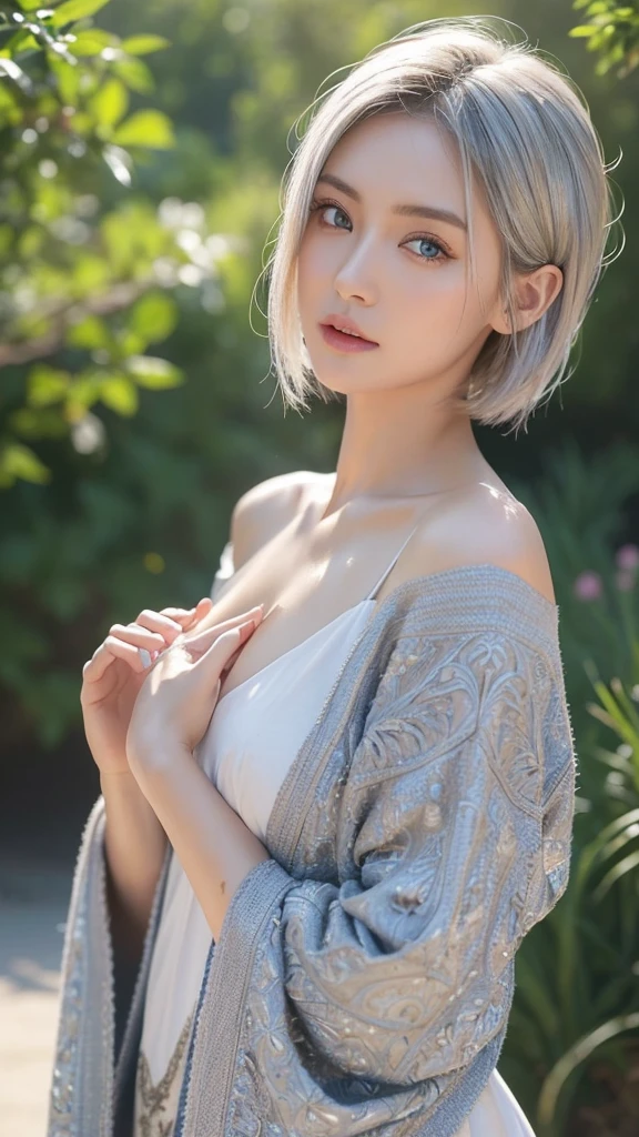 (beautiful japanese girl), beautiful and fine eyes, perfection , perfection, roll your eyes, detailed face, fine eyes, excellent quality, masterpiece, very detailed, Advanced level of detail, many details, high quality, cinematic light, real hands, (super realistic:1.3), high school student , happy smile、smile, miorine rembran, ahoge, (white hair:1.25), hair between eyes,hair bun, dressmiorine, detached collar, halterneck, criss-cross halter, blue dress, braless, tiara, off-shoulder dress,nipples are visible
