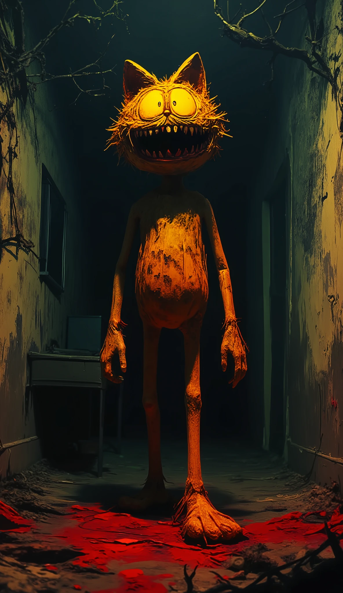 Garfield x "Cheshire Cat" hybrid, walking thru the hounted house, ((anime style art)), wide creepy smile showing all teeth, (slenderman body type),